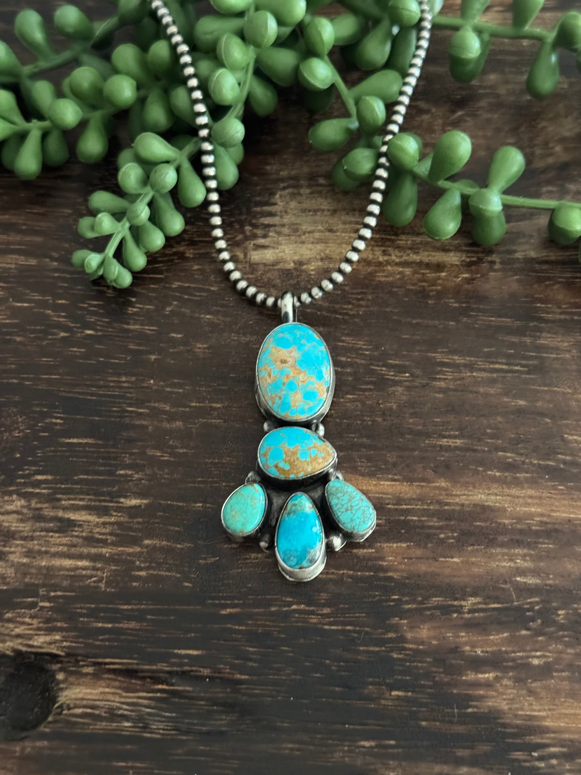 Navajo Made Kingman Turquoise & Sterling Silver Cluster Pendant