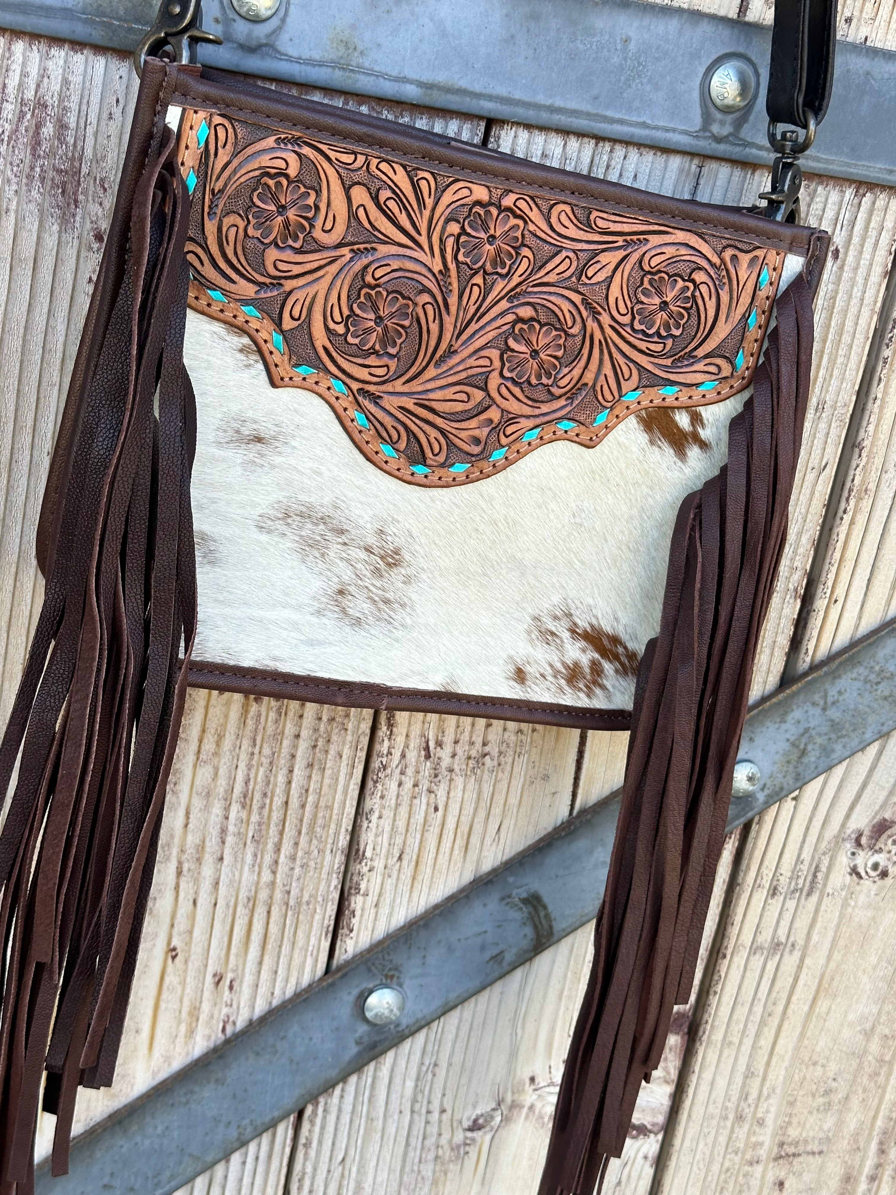 Genuine Tooled Leather & Cowhide Fringe Purse