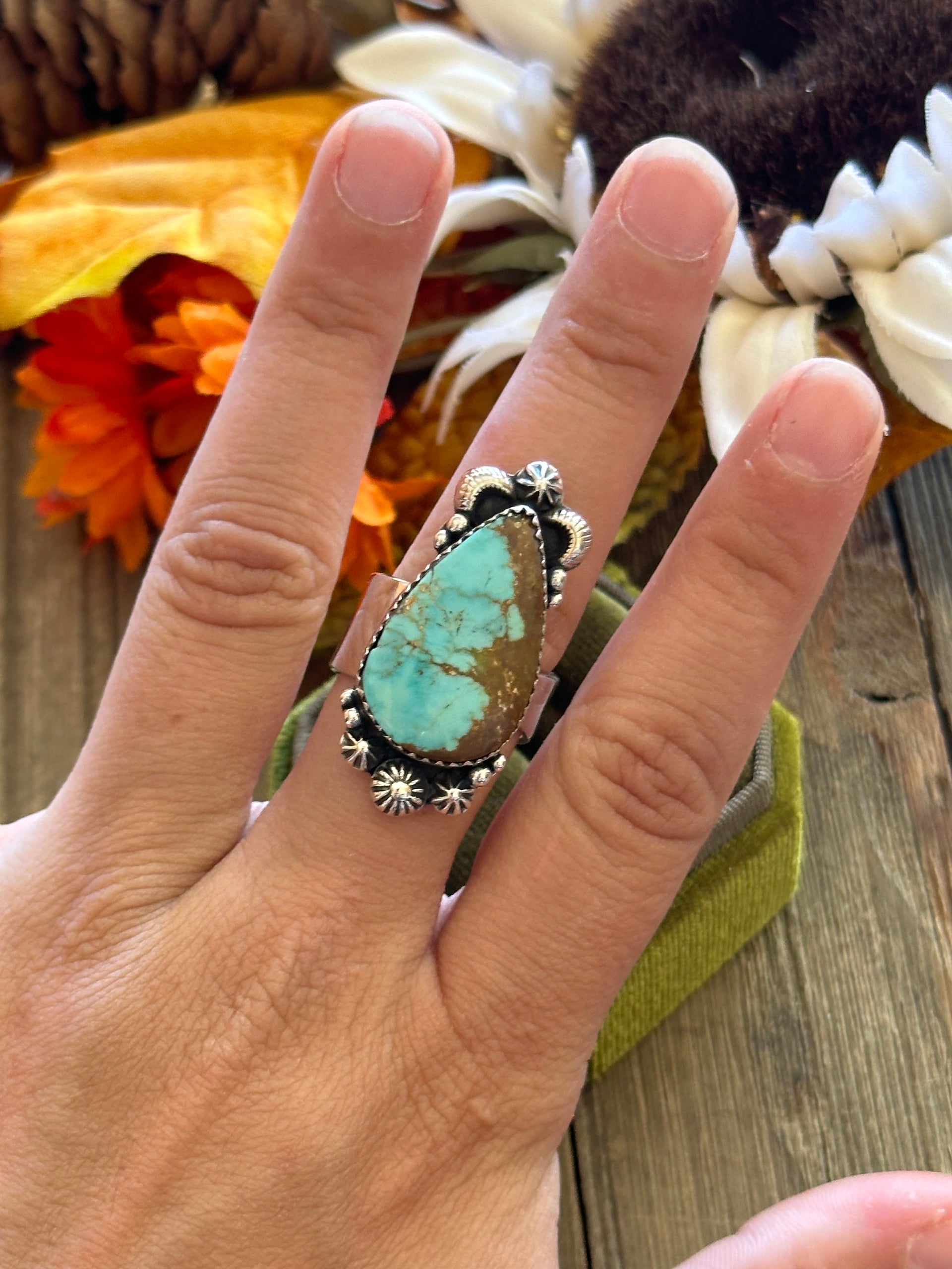 Southwest Handmade #8 Turquoise & Sterling Silver Adjustable Ring