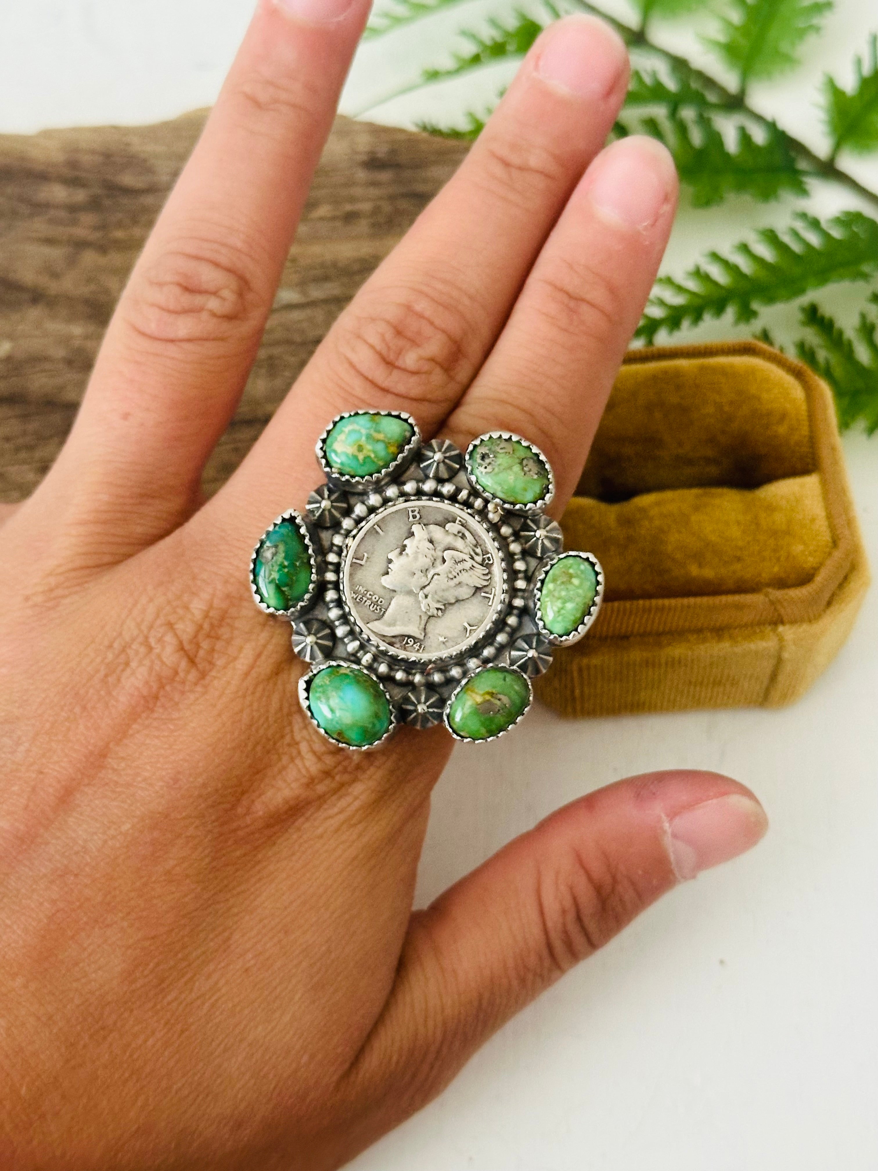 Navajo Made Sonoran Gold Turquoise & Sterling Silver Adjustable Ring