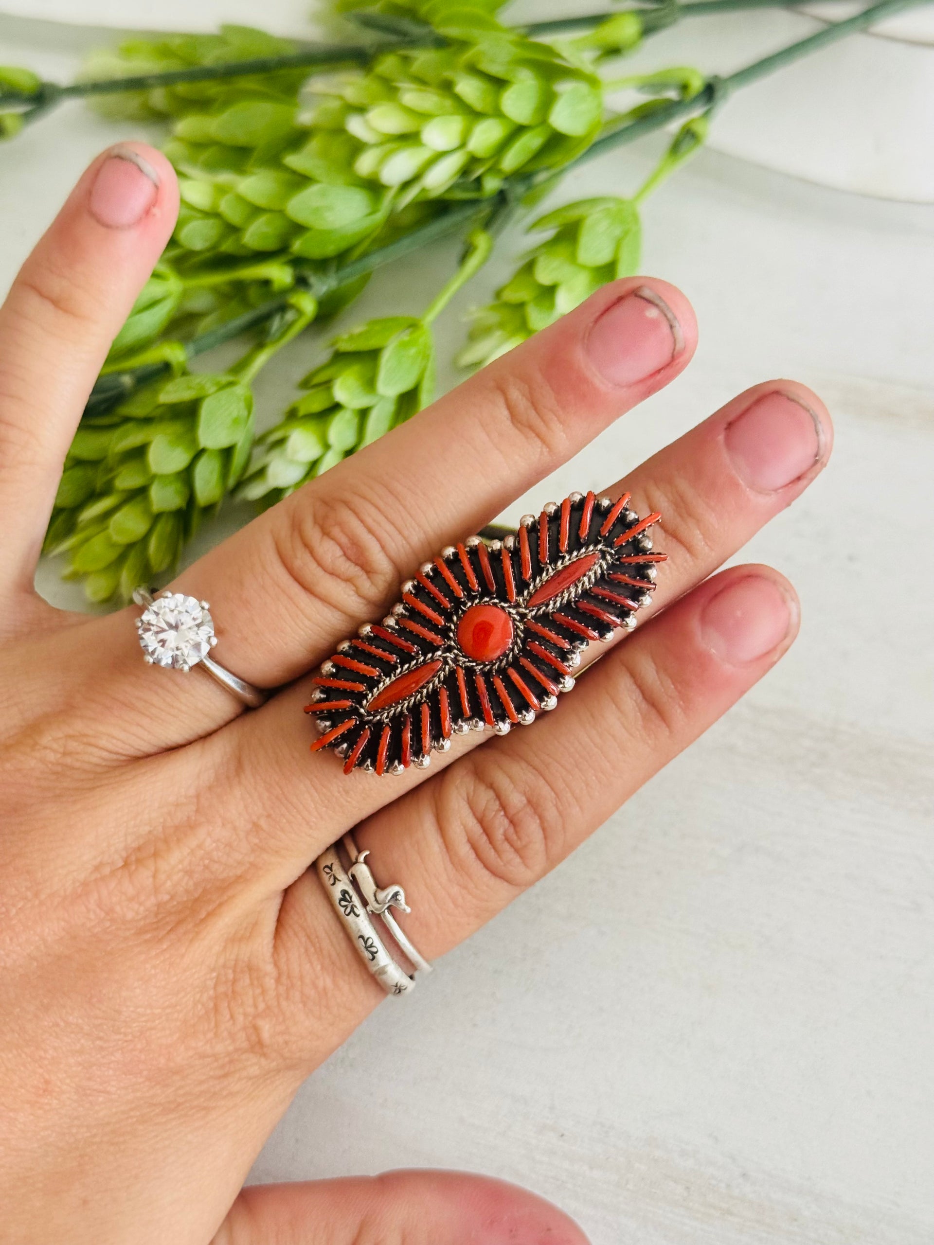 Zuni Made Red Coral & Sterling Silver Ring Size 7.75