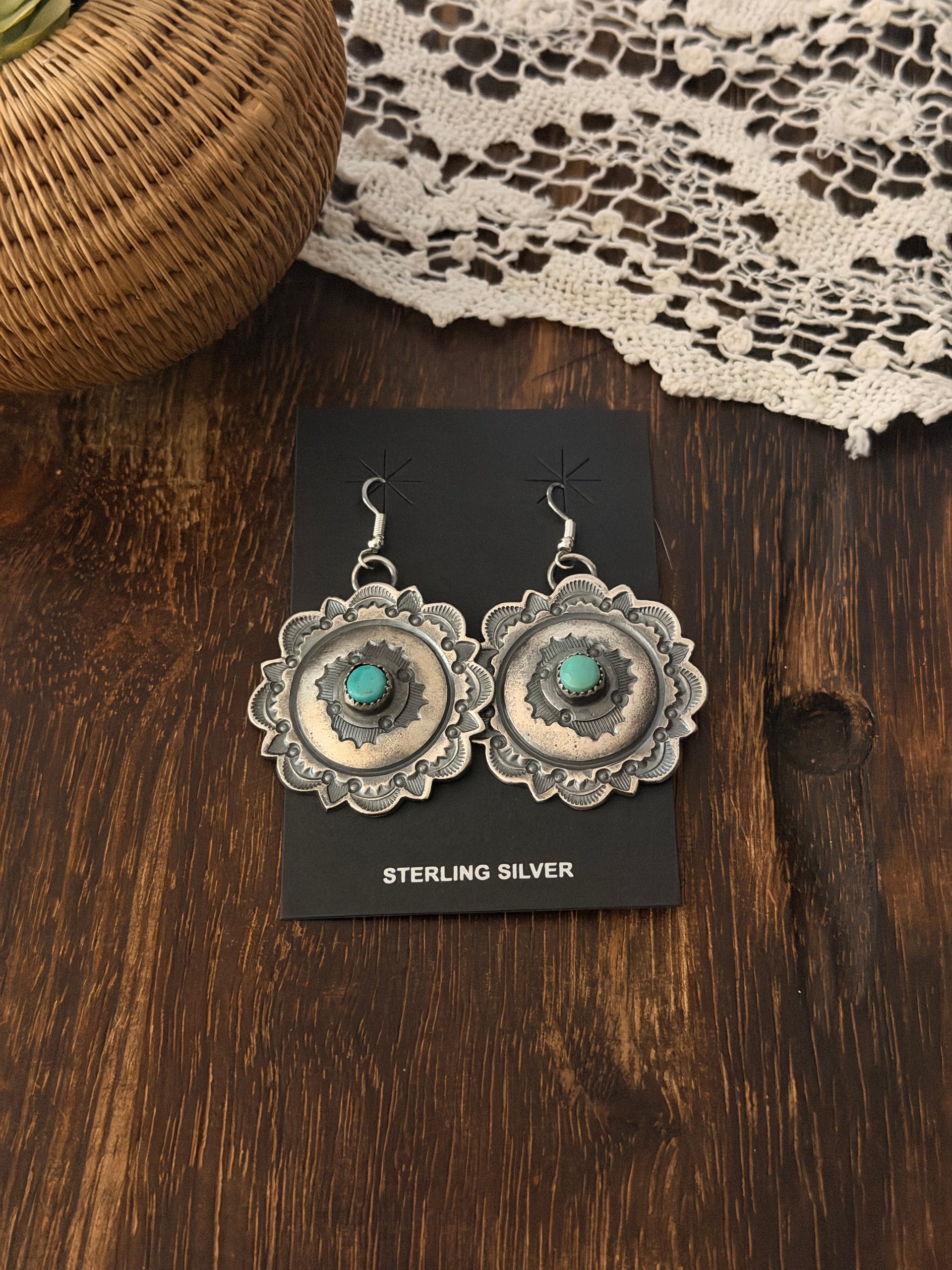 Navajo Made Kingman Turquoise & Sterling Silver Dangle Concho Earrings