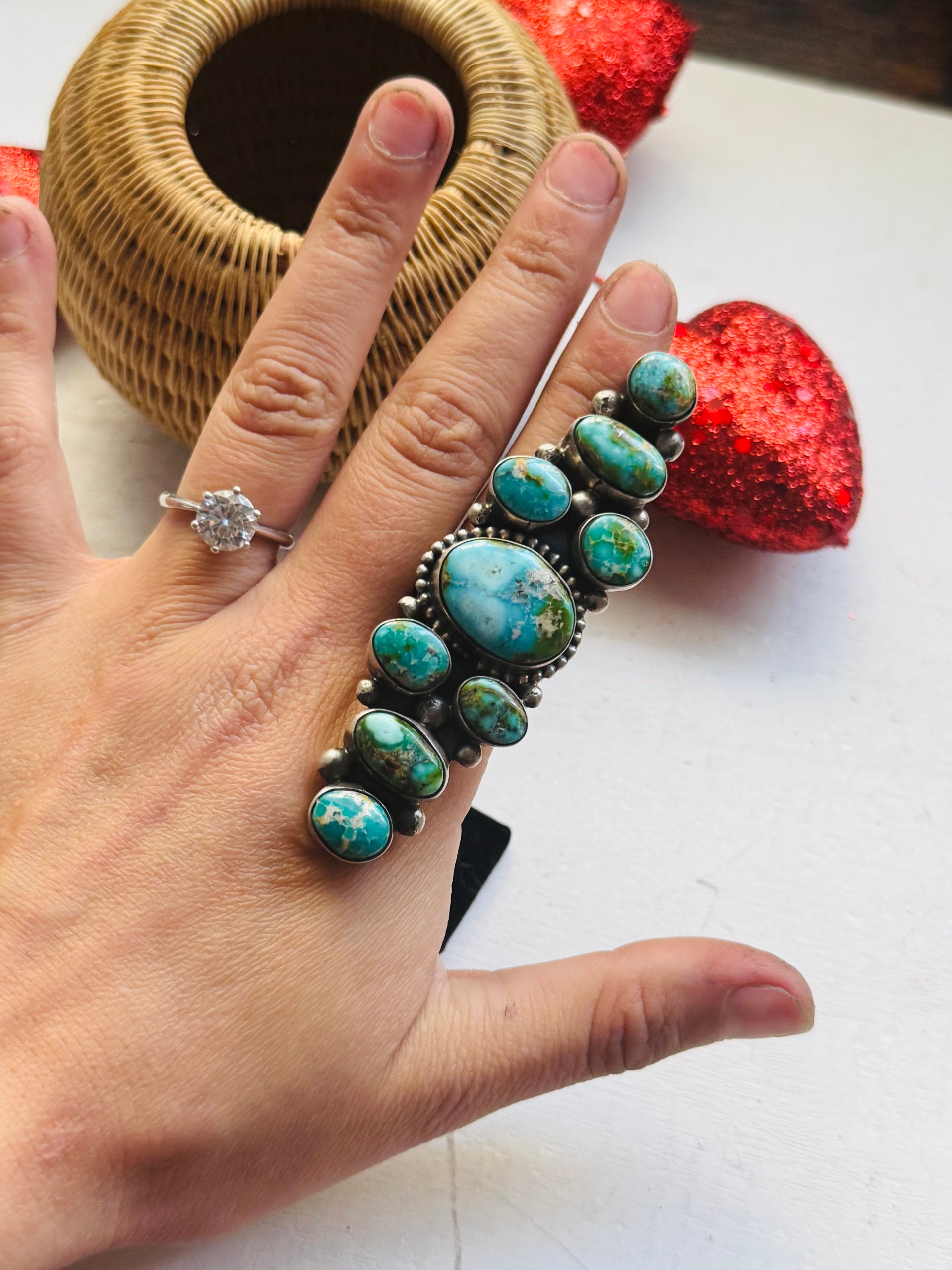 Navajo Handmade Sonoran Mountain Turquoise & Sterling Silver Cluster Ring Size 8.5