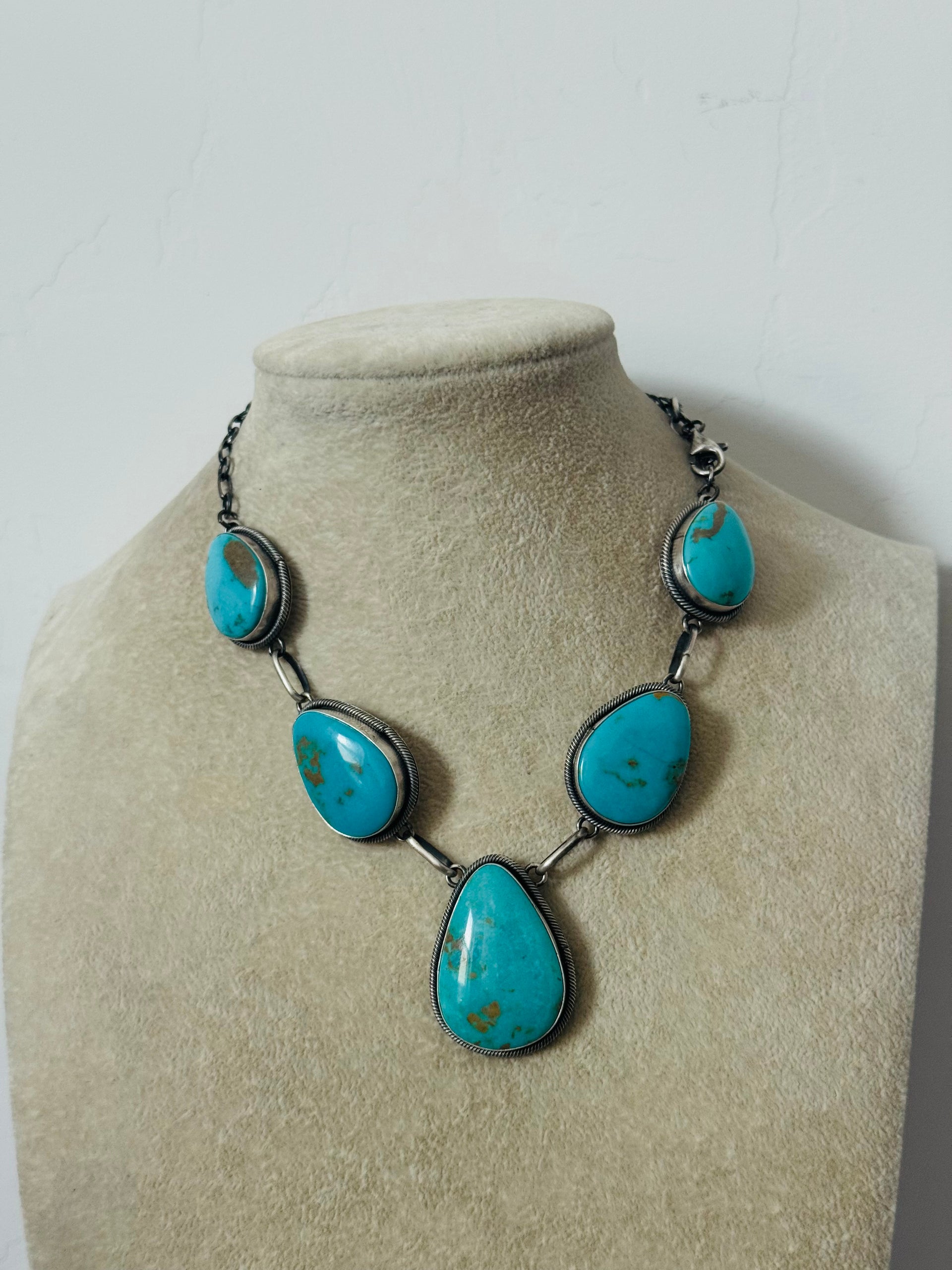Navajo Made Kingman Turquoise and Sterling Silver Necklace
