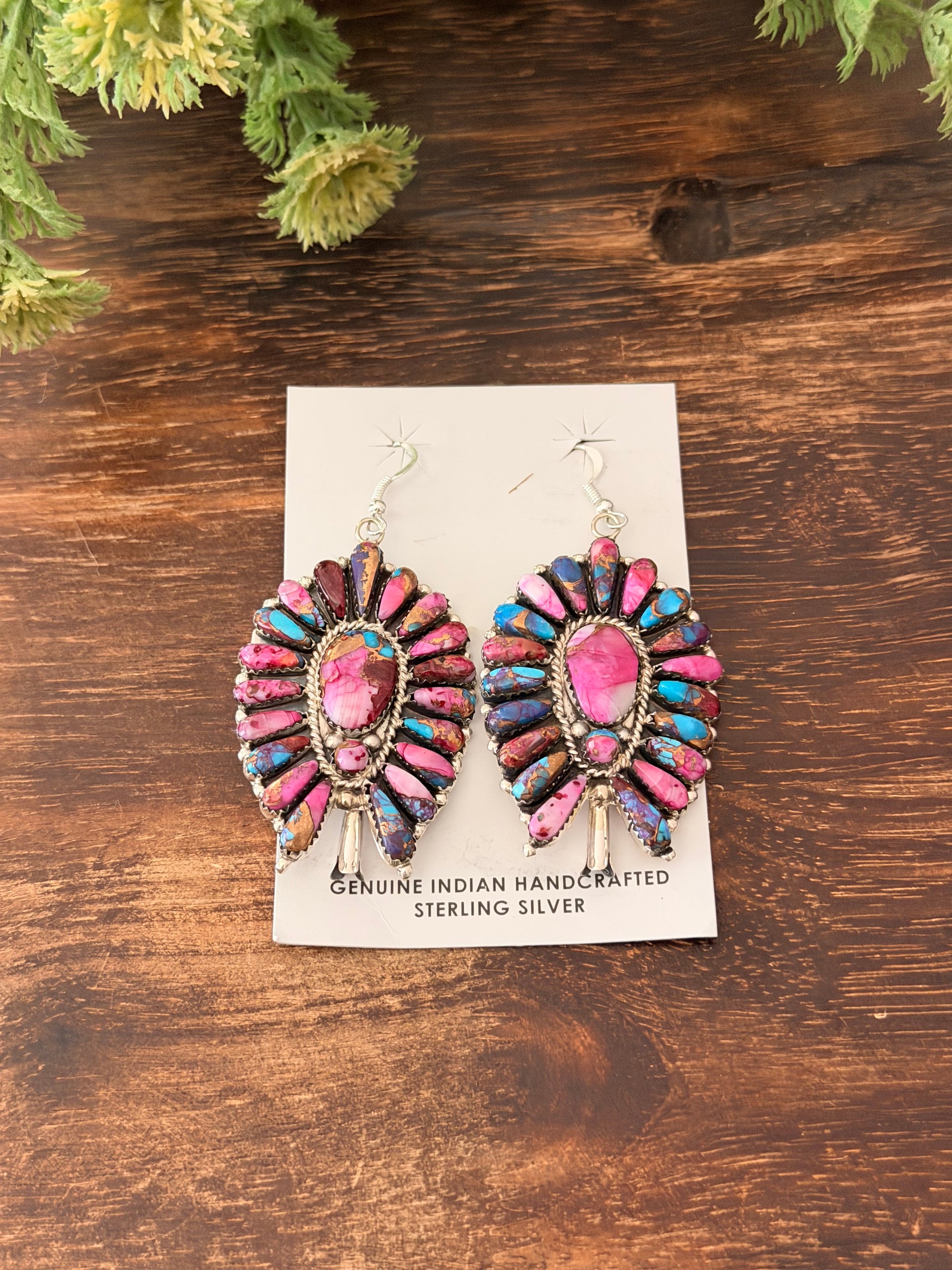 Navajo Made Pink Mohave Turquoise & Sterling Silver Cluster Dangle Earrings