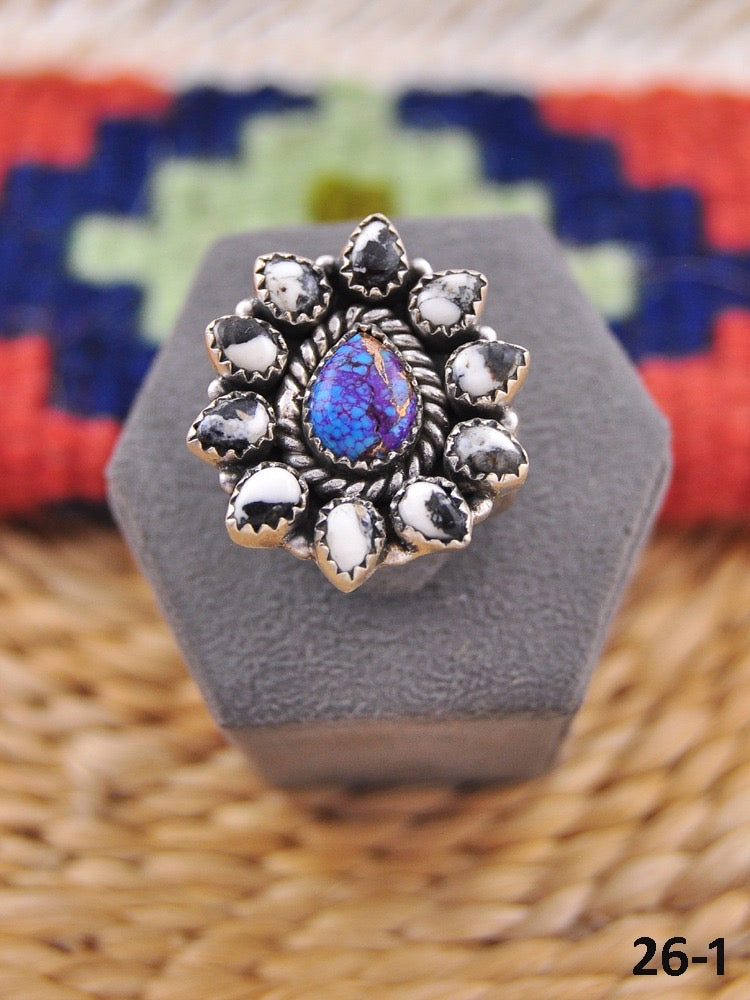 Southwest Made Multi Stone & Sterling Sliver Cluster Adjustable Ring