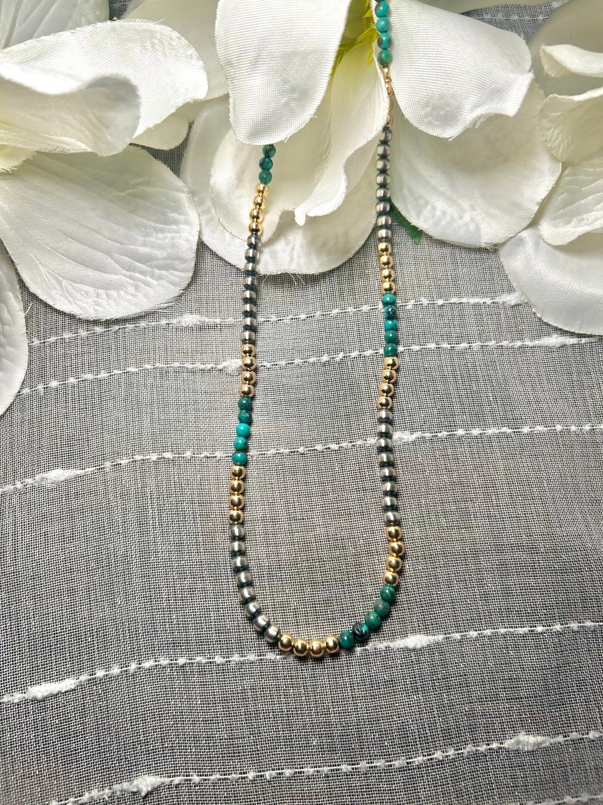 Navajo Made Strung 14K Gold Plate Hubei Turquoise & Sterling Silver Necklace