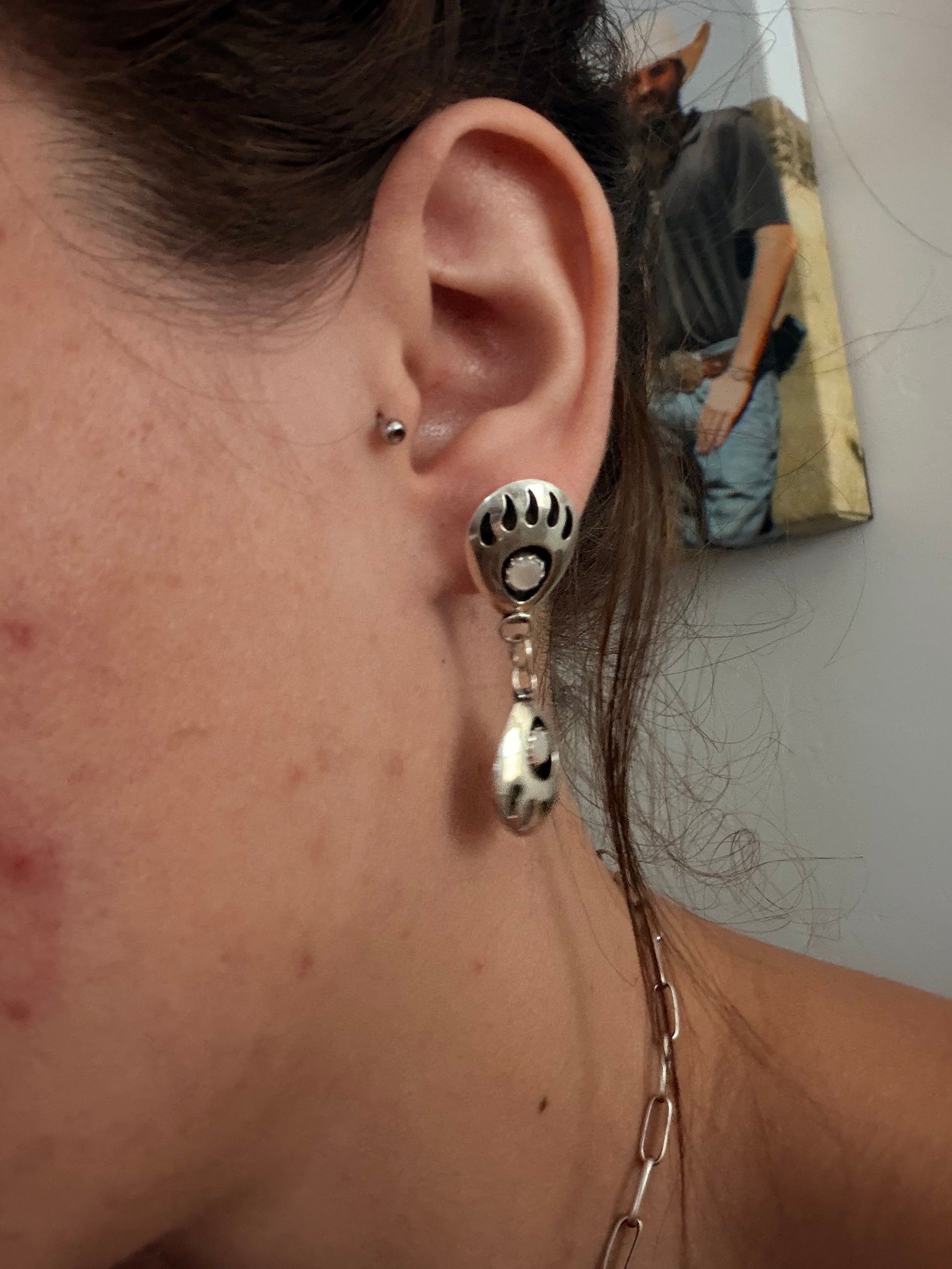 Navajo Made Mother of Pearl & Sterling Silver Post Dangle Bear Claw Earrings