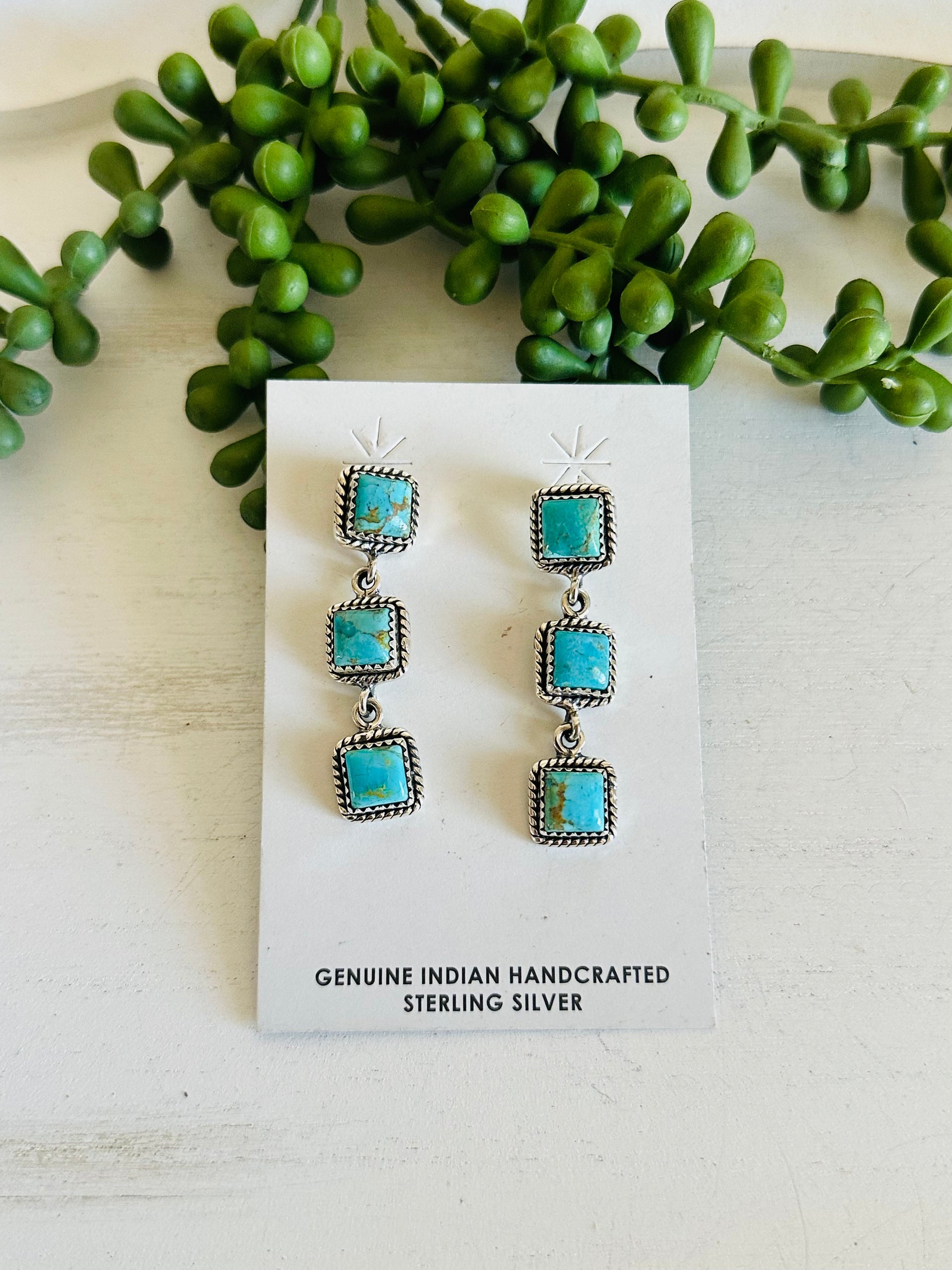 Southwest Handmade Kingman Turquoise & Sterling Silver Post Dangle Earrings