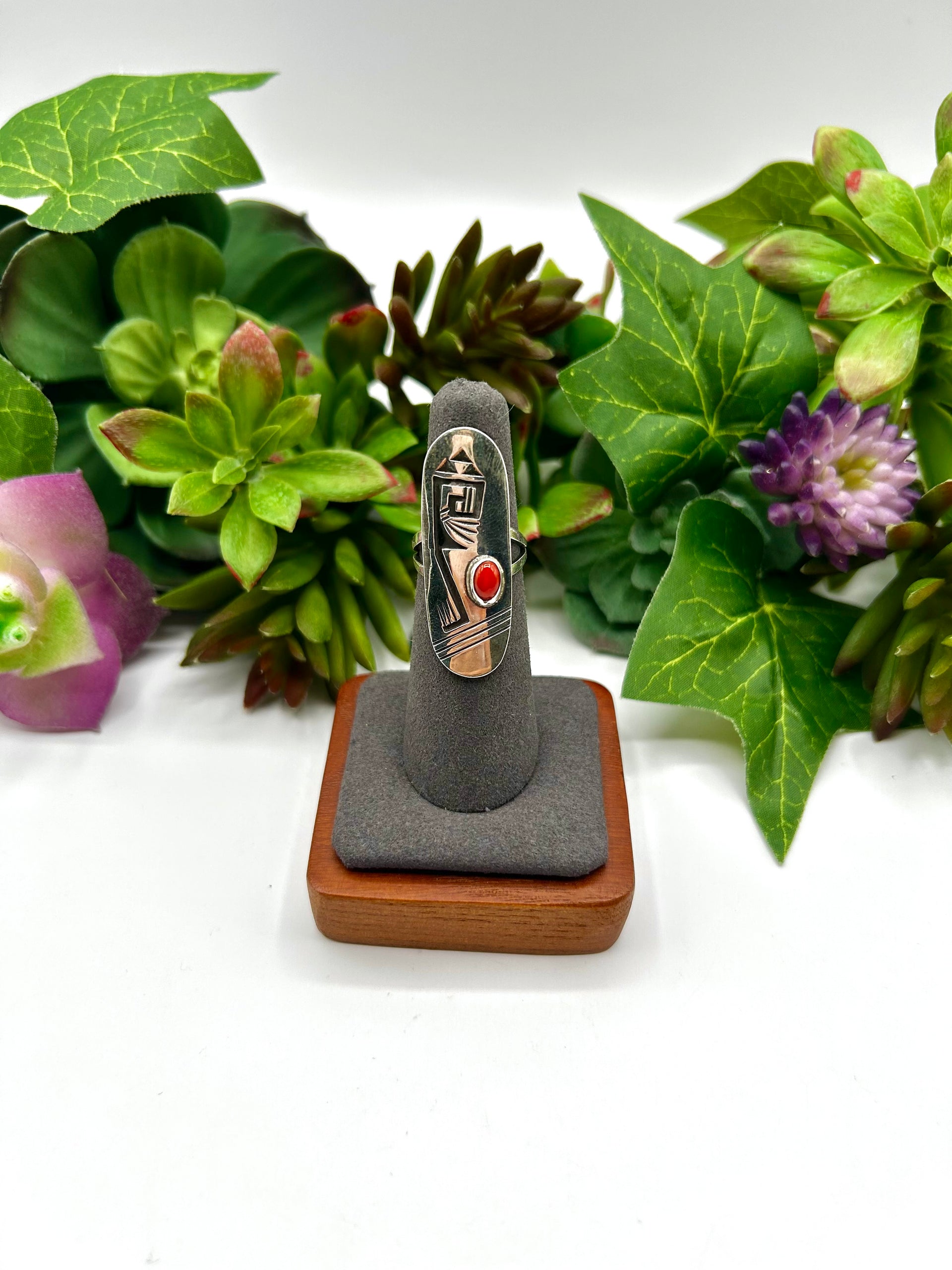 Navajo Made Coral & Sterling Silver Ring Size 5.5
