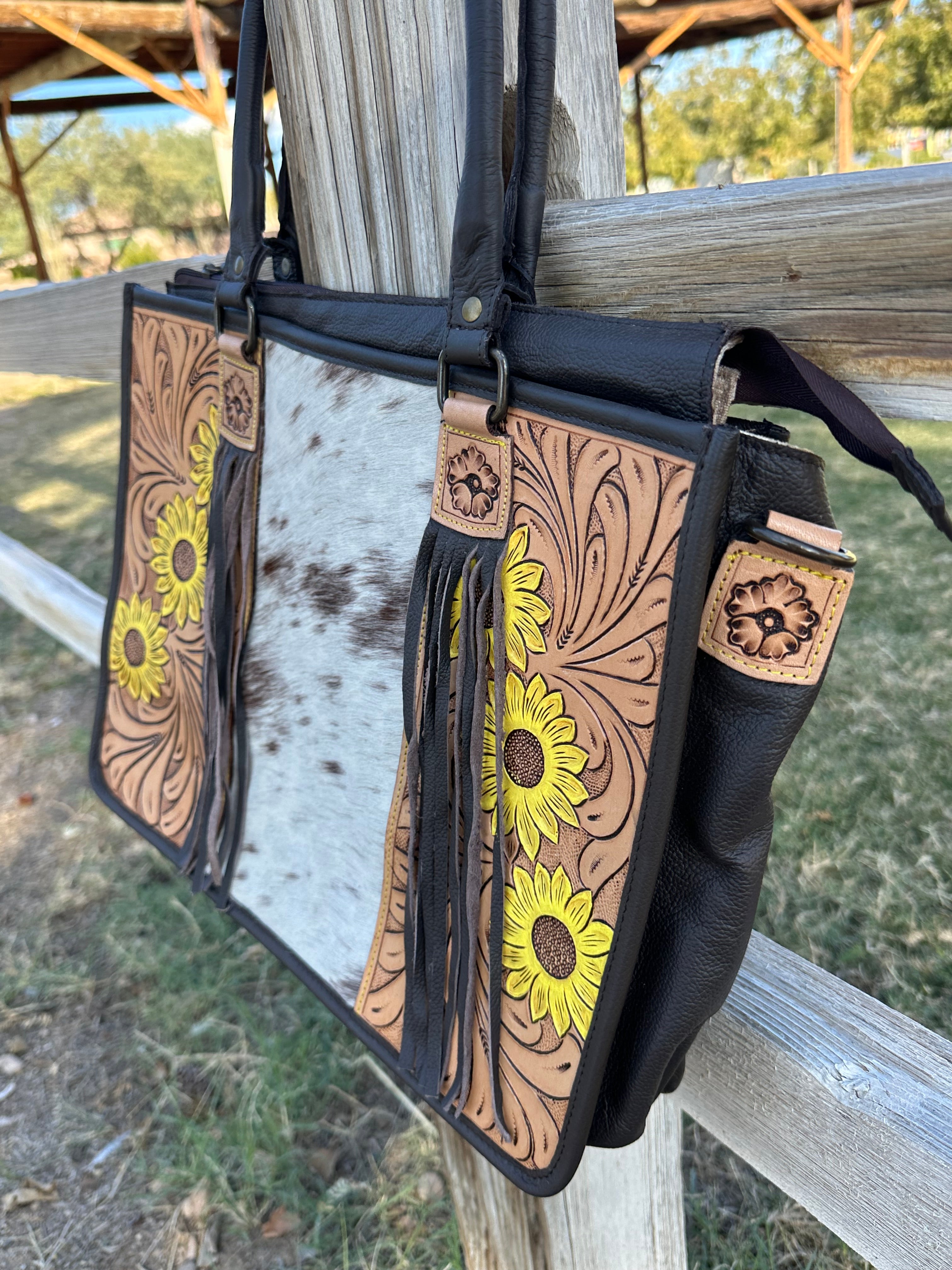 Genuine Tooled Leather & Cowhide Fringe Purse