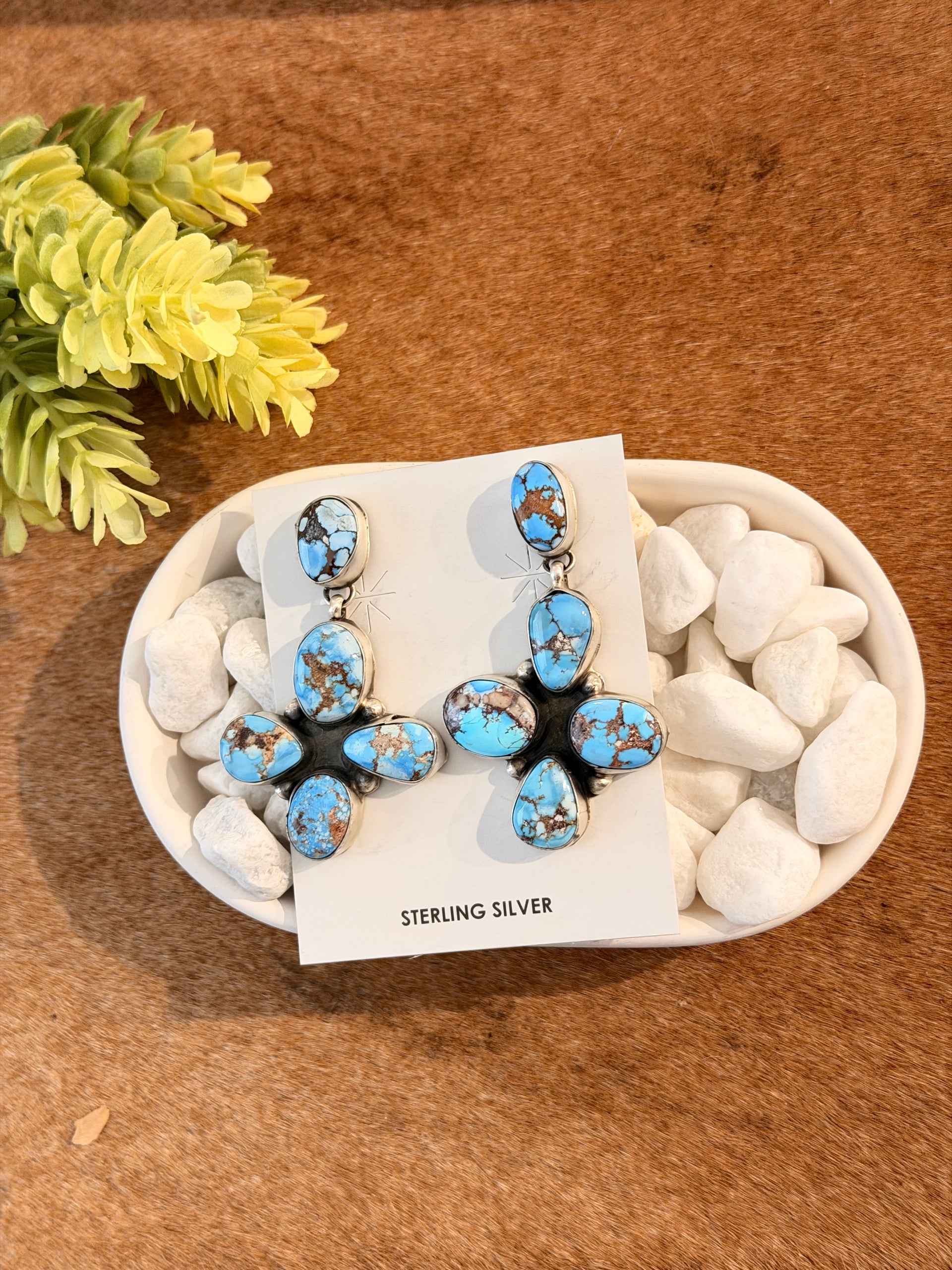 Bonnie Benally Golden Hills Turquoise & Sterling Silver Post Dangle Cluster Earrings