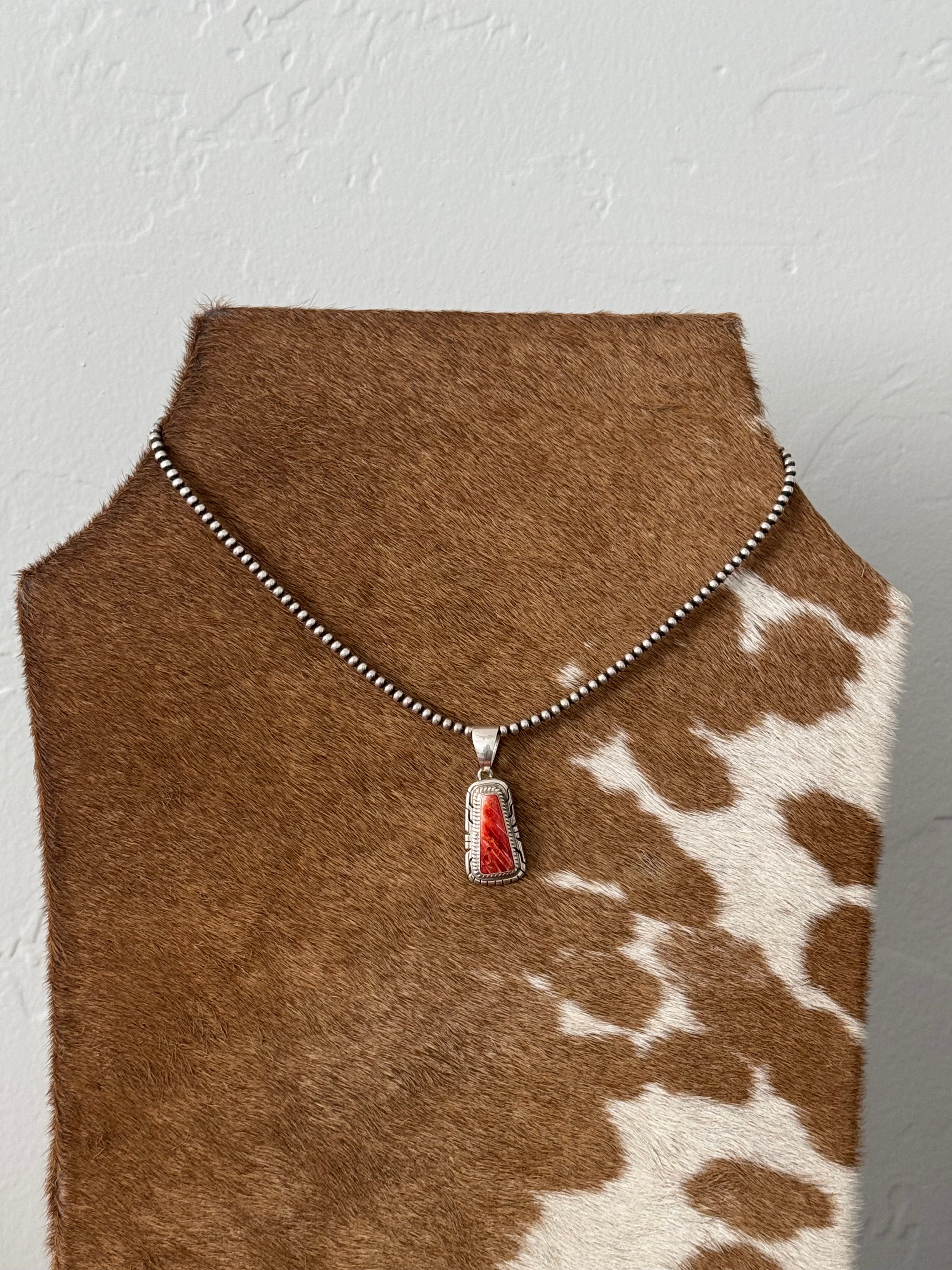 Navajo Made Red Spiny Oyster & Sterling Silver Pendant