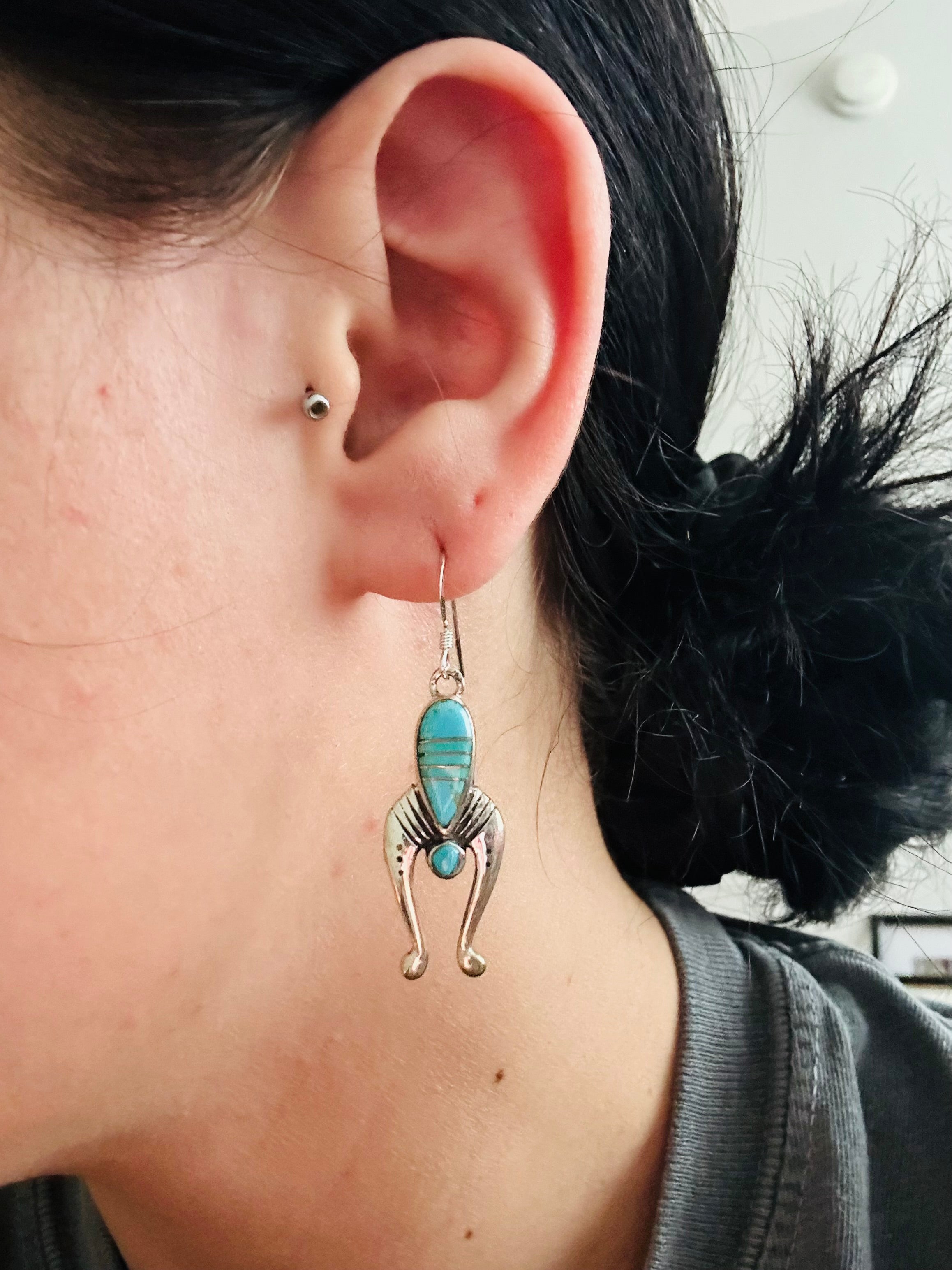 Navajo Made Turquoise & Sterling Silver Inlay Dangle Earrings