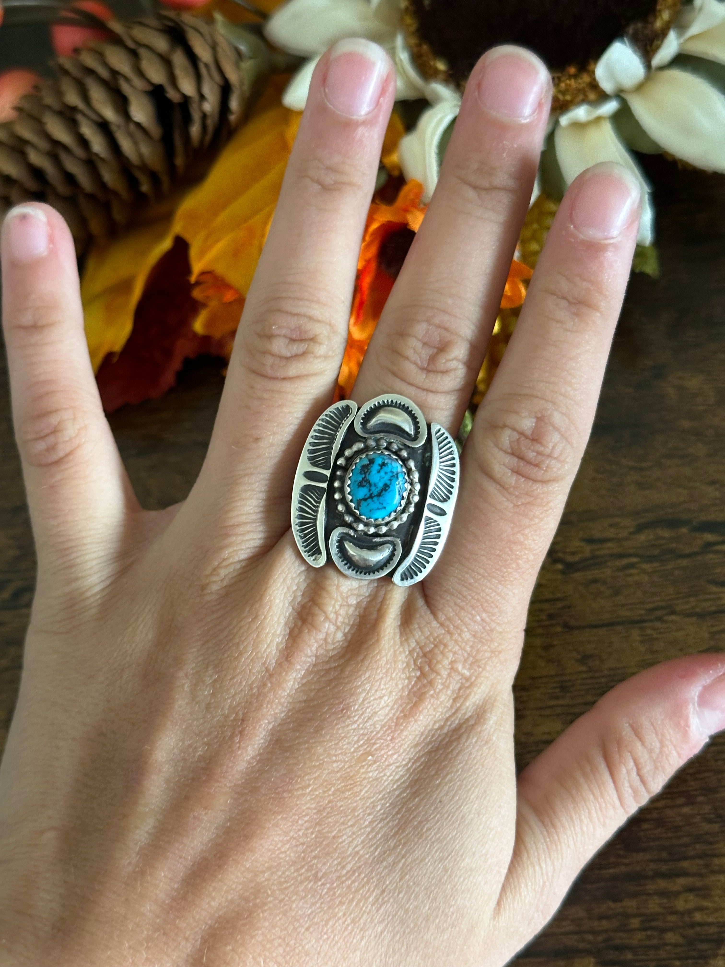 Navajo Made Kingman Turquoise & Sterling Silver Ring Size 9.75