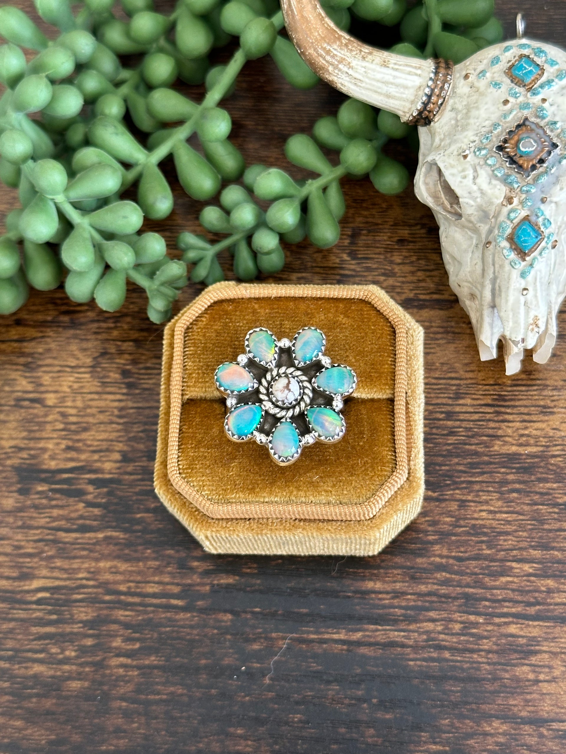 Southwest Handmade Multi Stone & Sterling Silver Adjustable Cluster Ring