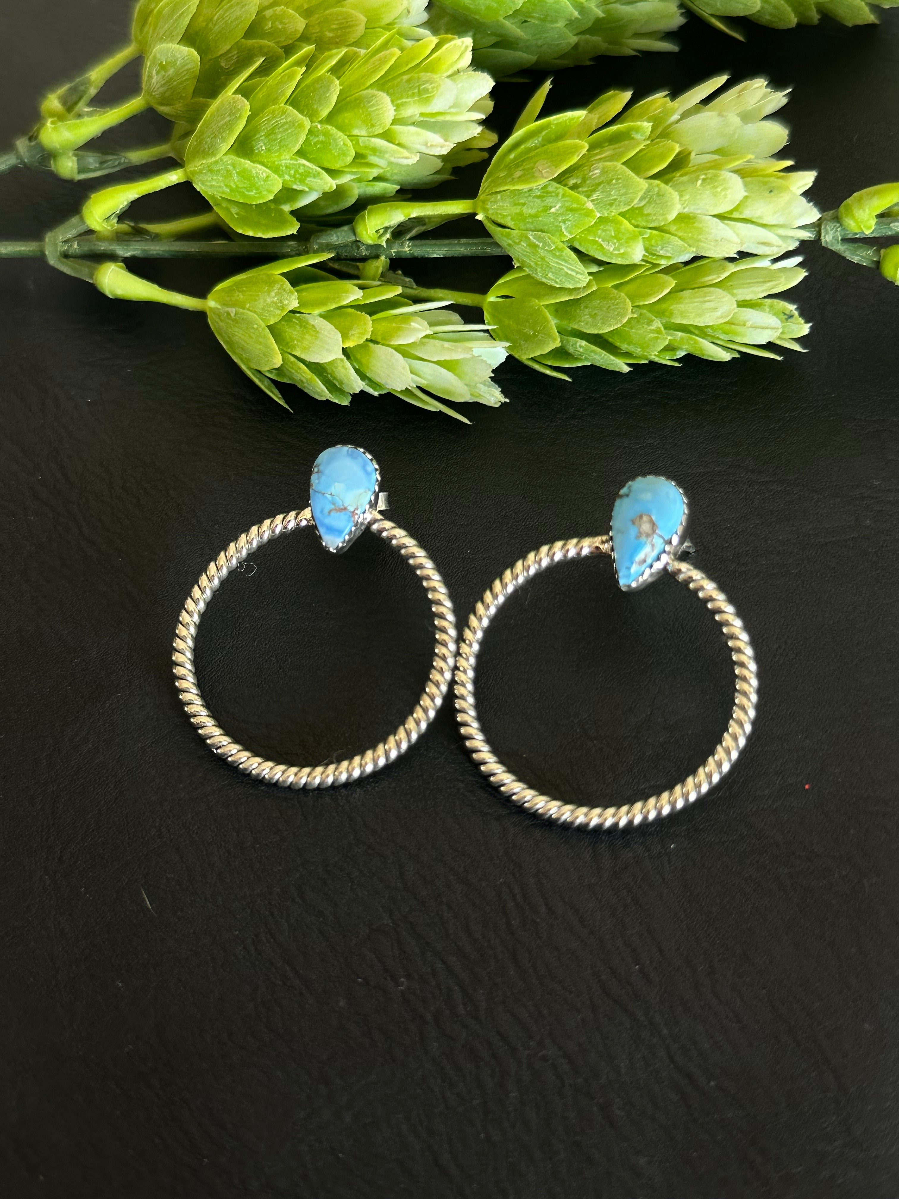 Southwest Handmade Golden Hills Turquoise & Sterling Silver Post Hoop Earrings