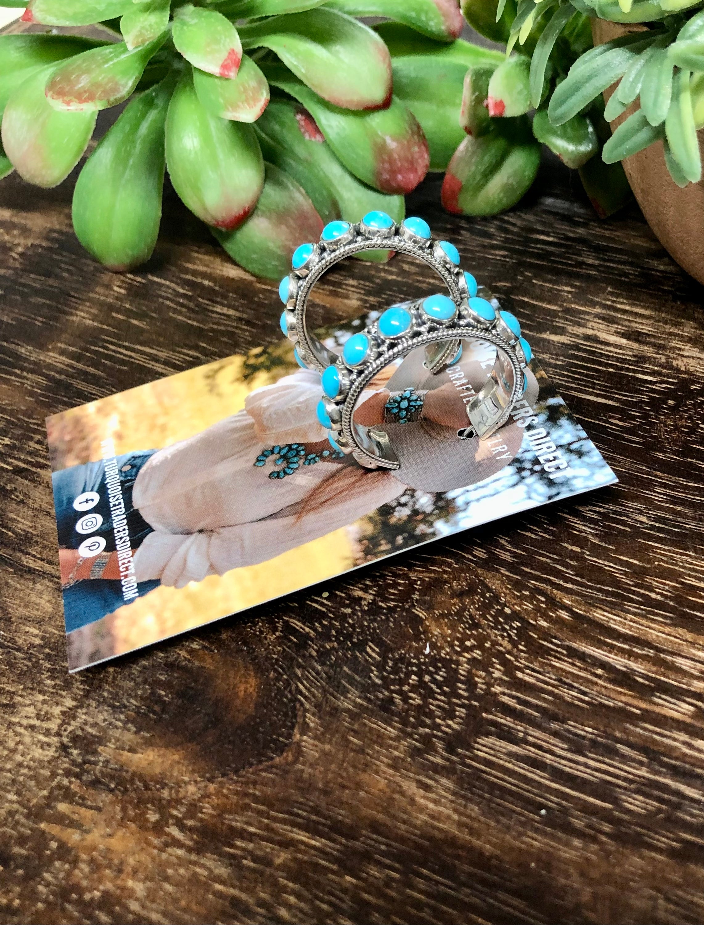 Navajo Made Sleeping Beauty Turquoise & Sterling Silver Hoop Earrings