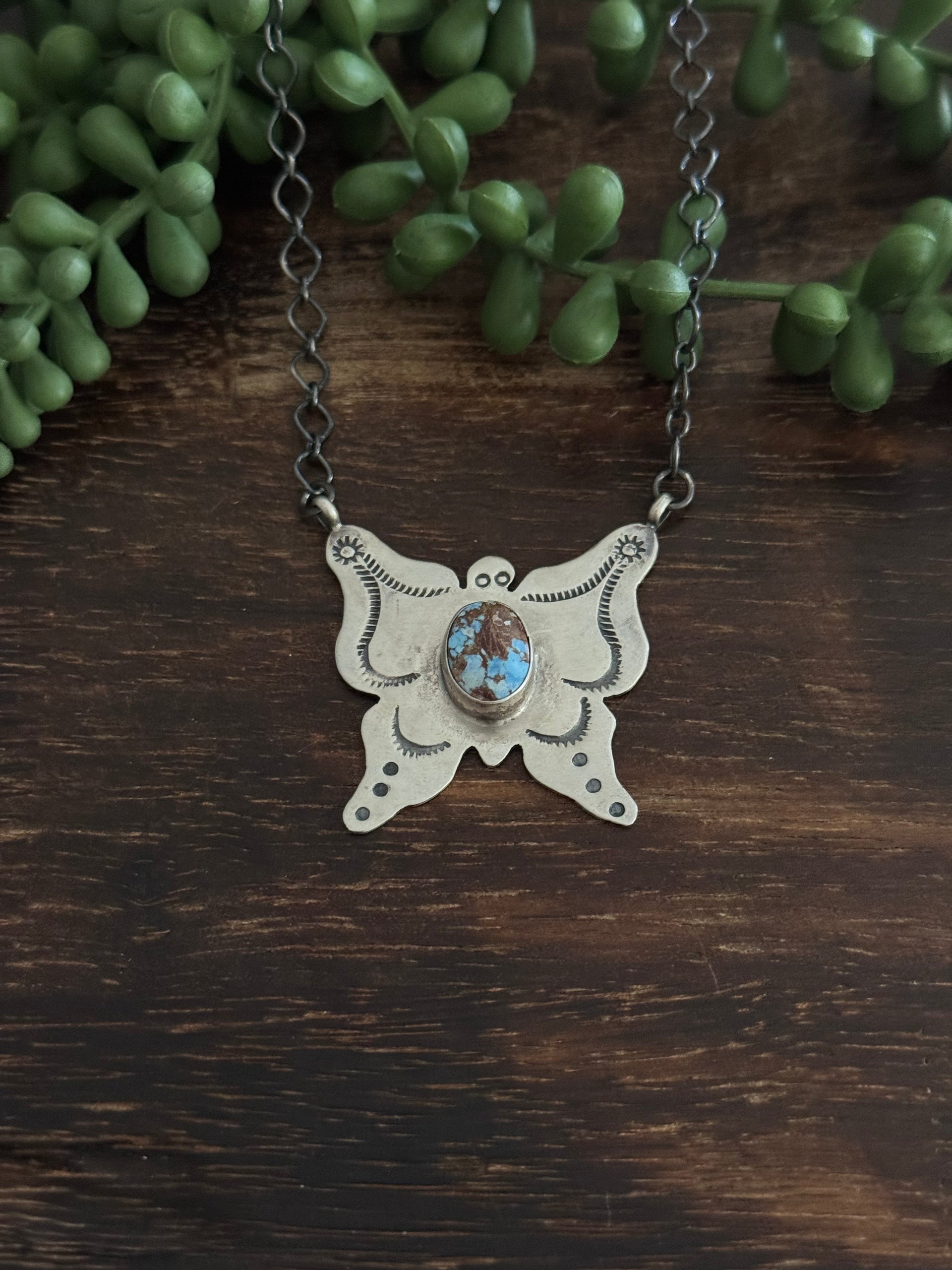 Navajo Made Golden Hills Turquoise & Sterling Silver Butterfly Necklace