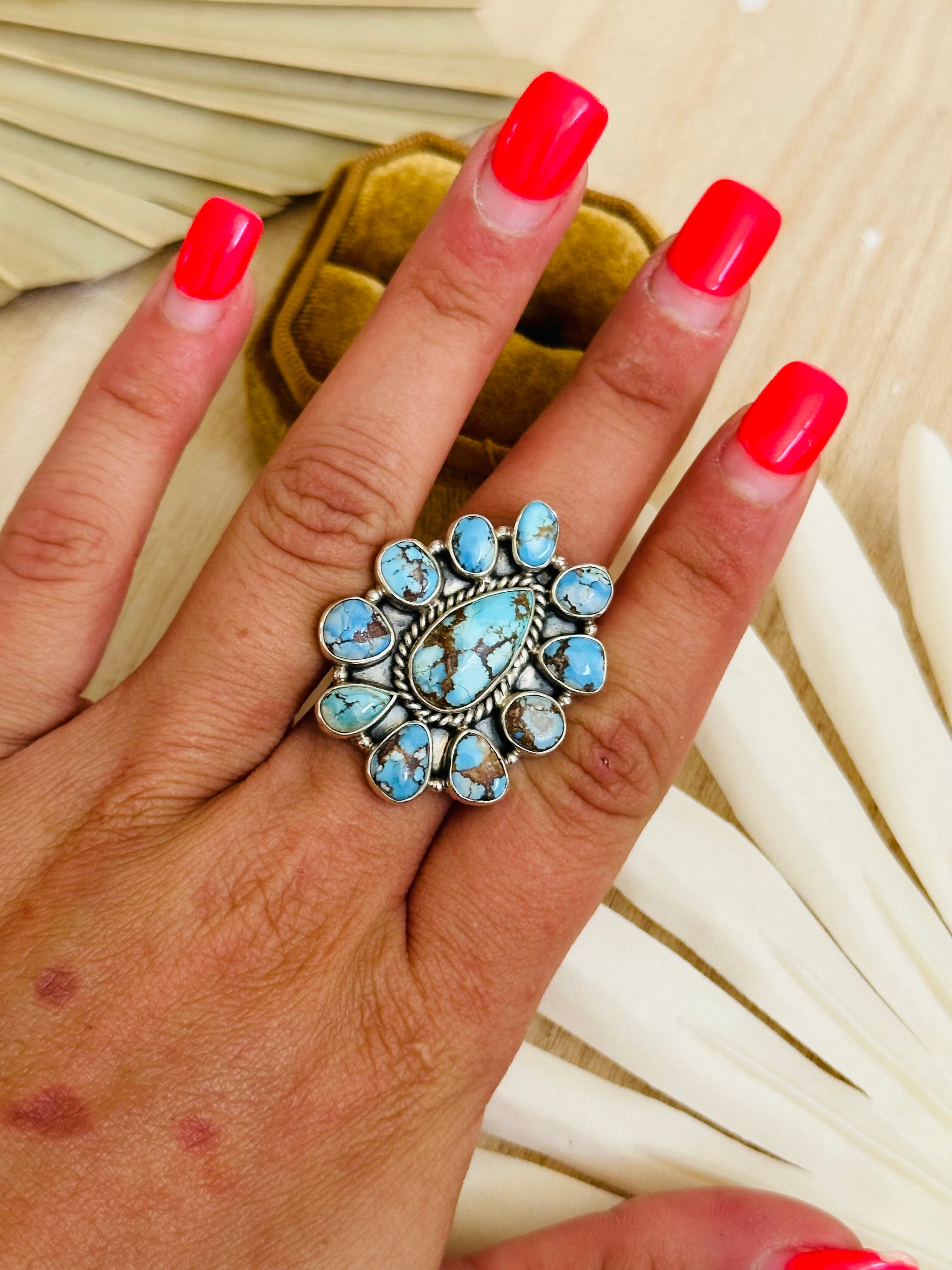 Southwest Handmade Golden Hills Turquoise & Sterling Silver Adjustable Cluster Ring