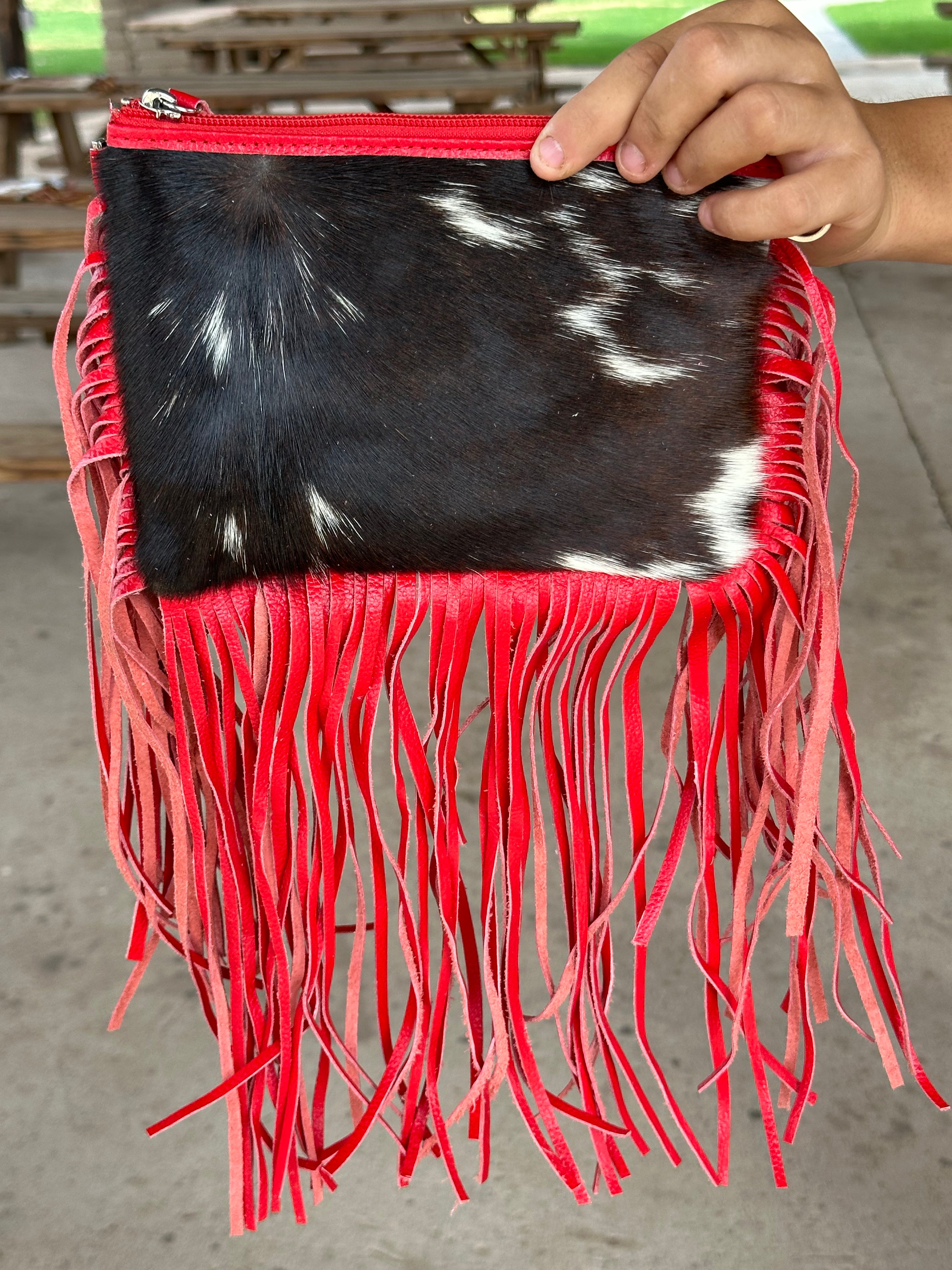 Genuine Leather Cowhide Tooled Cross Body Fringe Purse