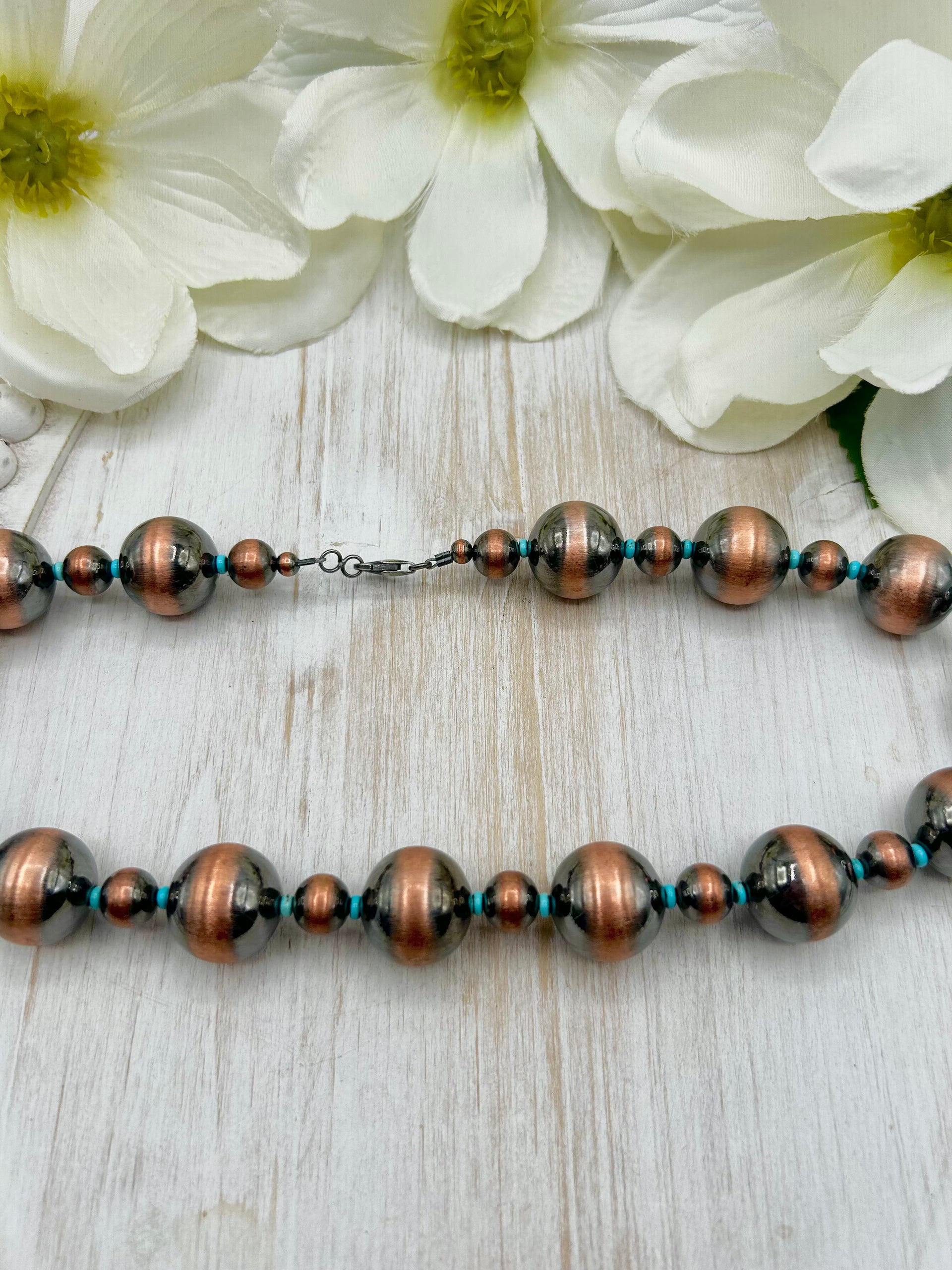Navajo Made Strung Kingman Turquoise & Copper Necklace