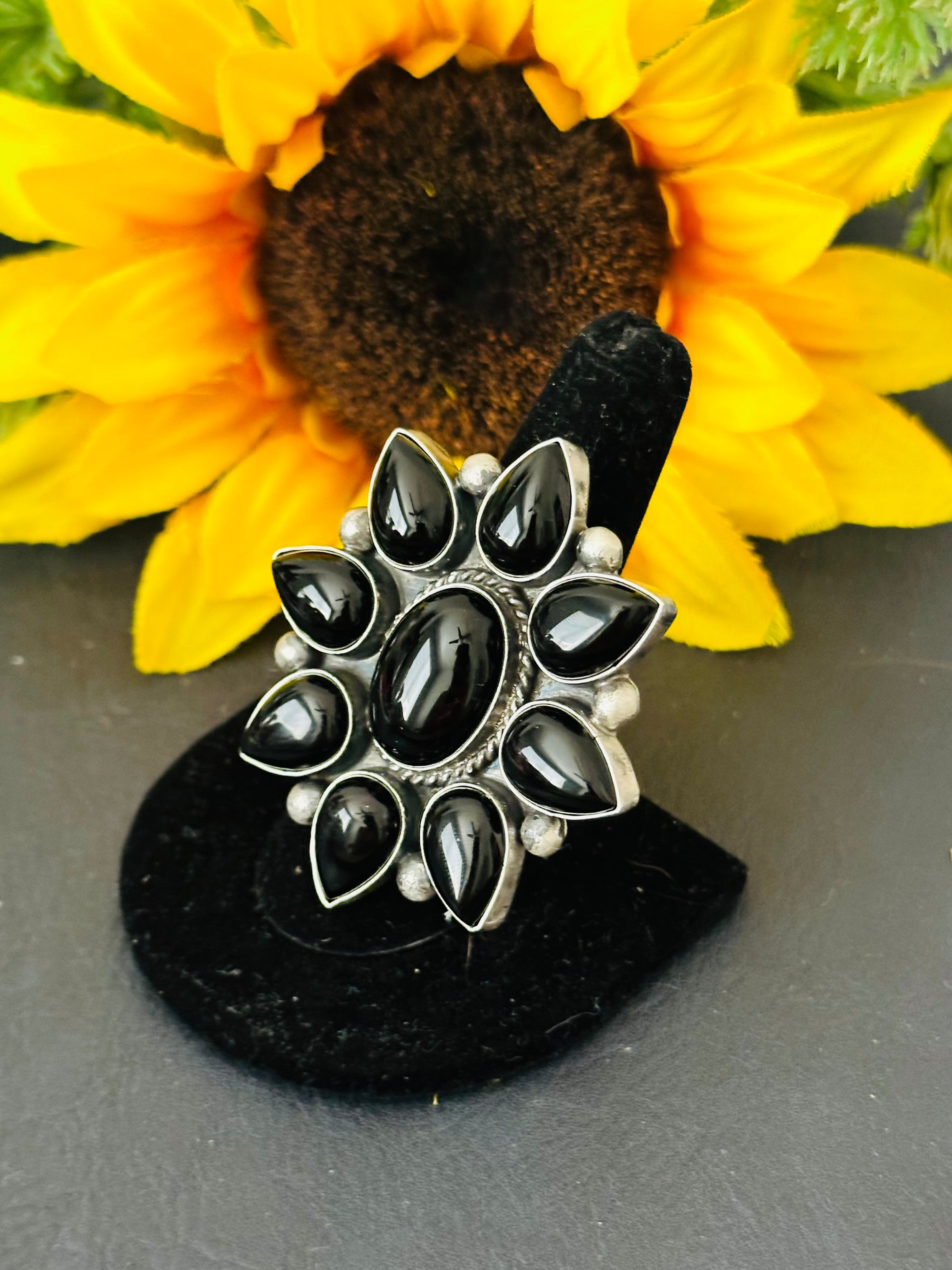 Virginia Sandoval Onyx & Sterling Silver Adjustable Cluster Ring