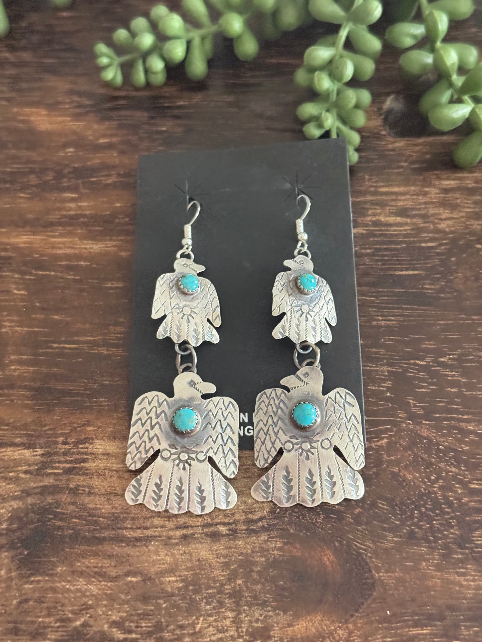 Gabriela Yazzie Kingman Turquoise & Sterling Silver Dangle Thunderbird Earrings