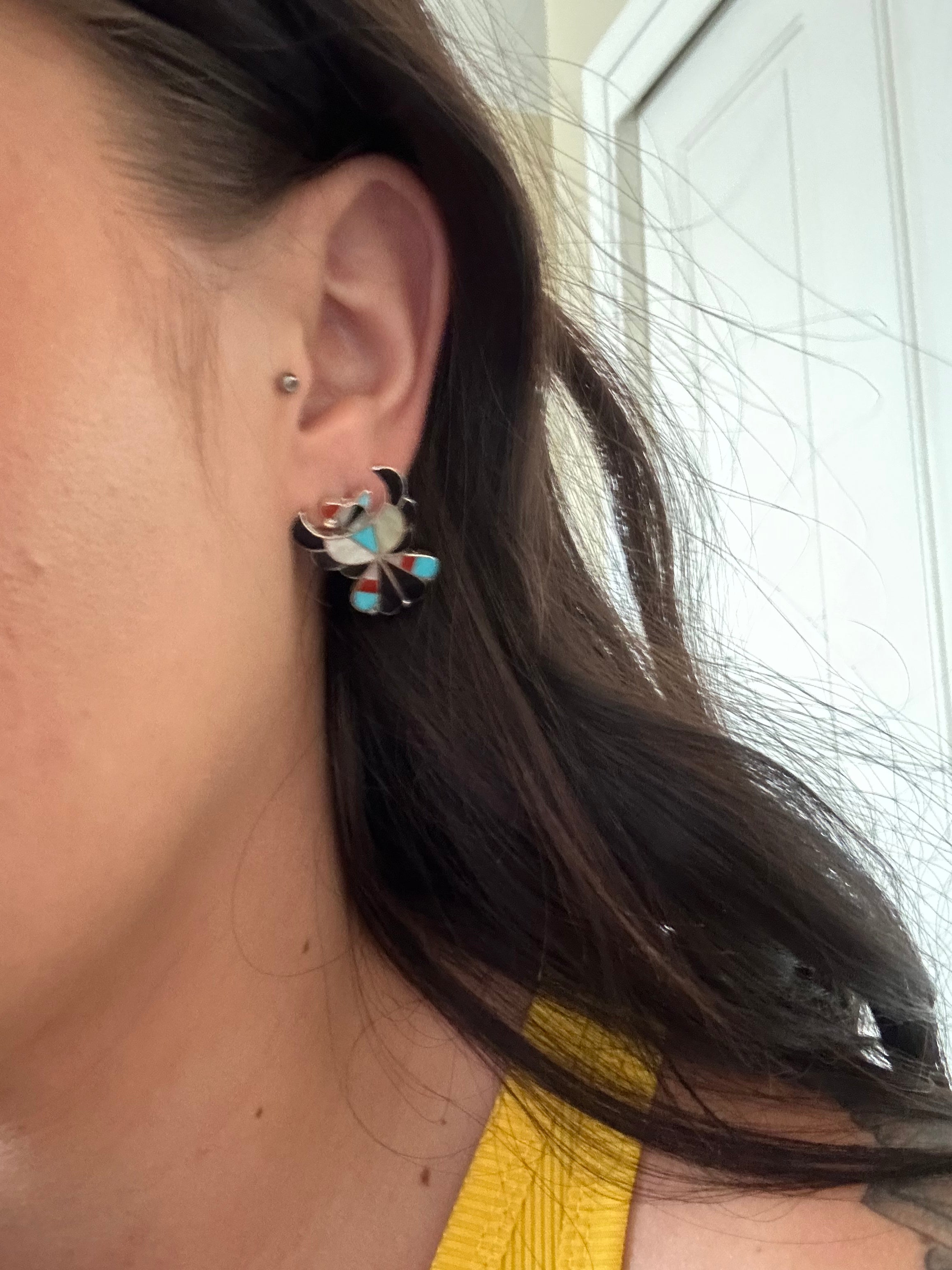 Zuni Made Multi Stone & Sterling Silver Post Dangle Thunderbird Earrings