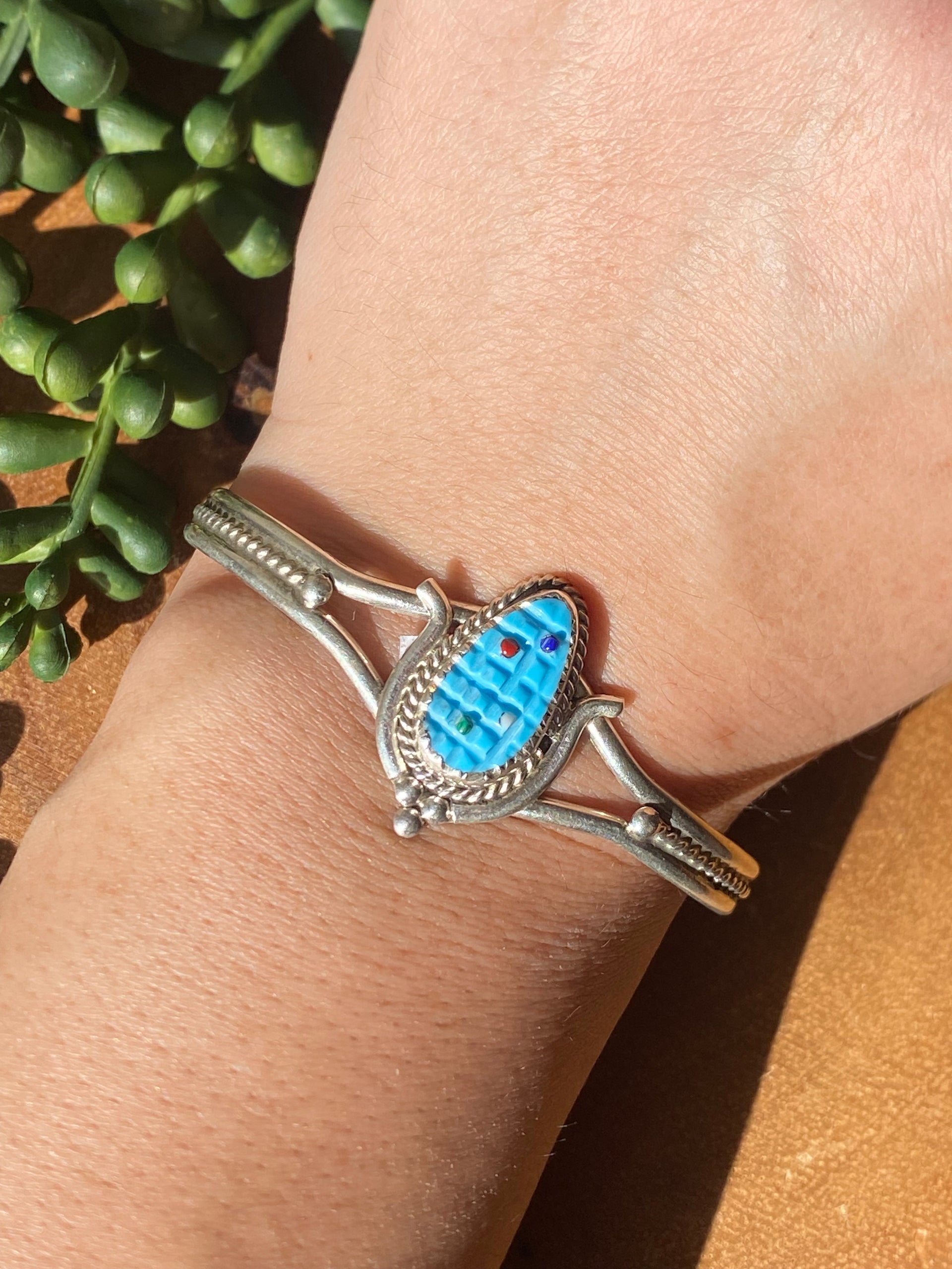 Zuni Handmade Multi Stone & Sterling Silver CORN Adjustable Cuff Bracelet