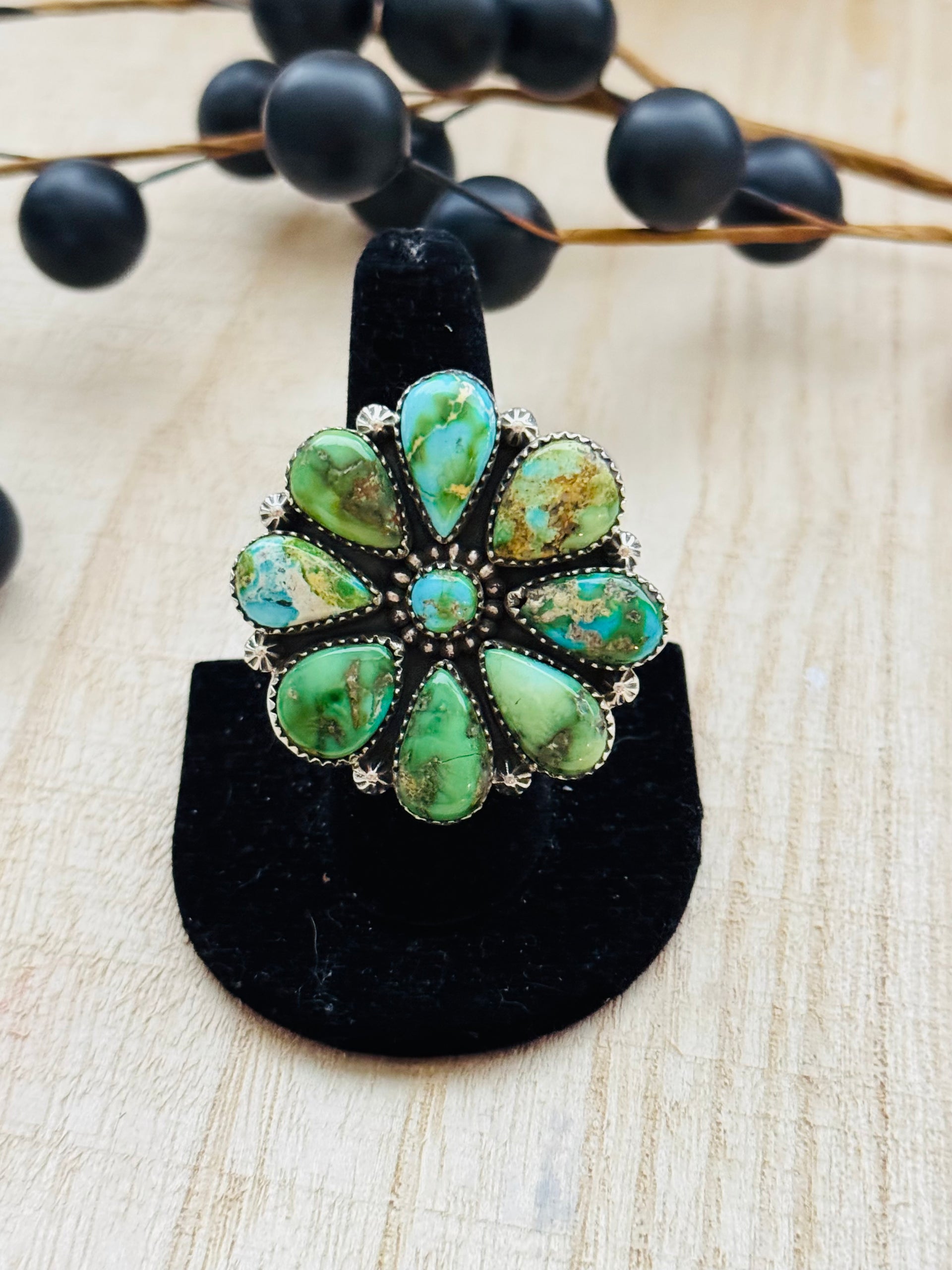 Southwest Handmade Sonoran Mountain Turquoise & Sterling Silver Adjustable Cluster Ring