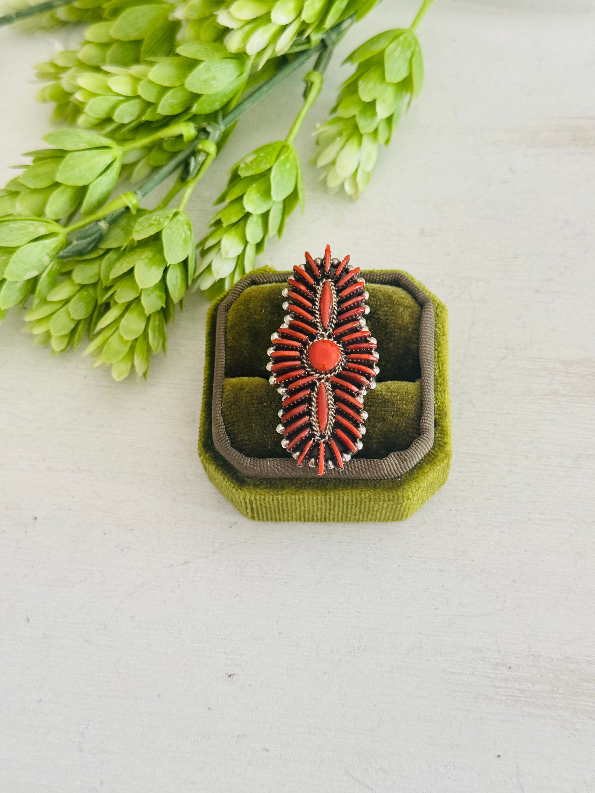 Zuni Made Red Coral & Sterling Silver Ring Size 7.75