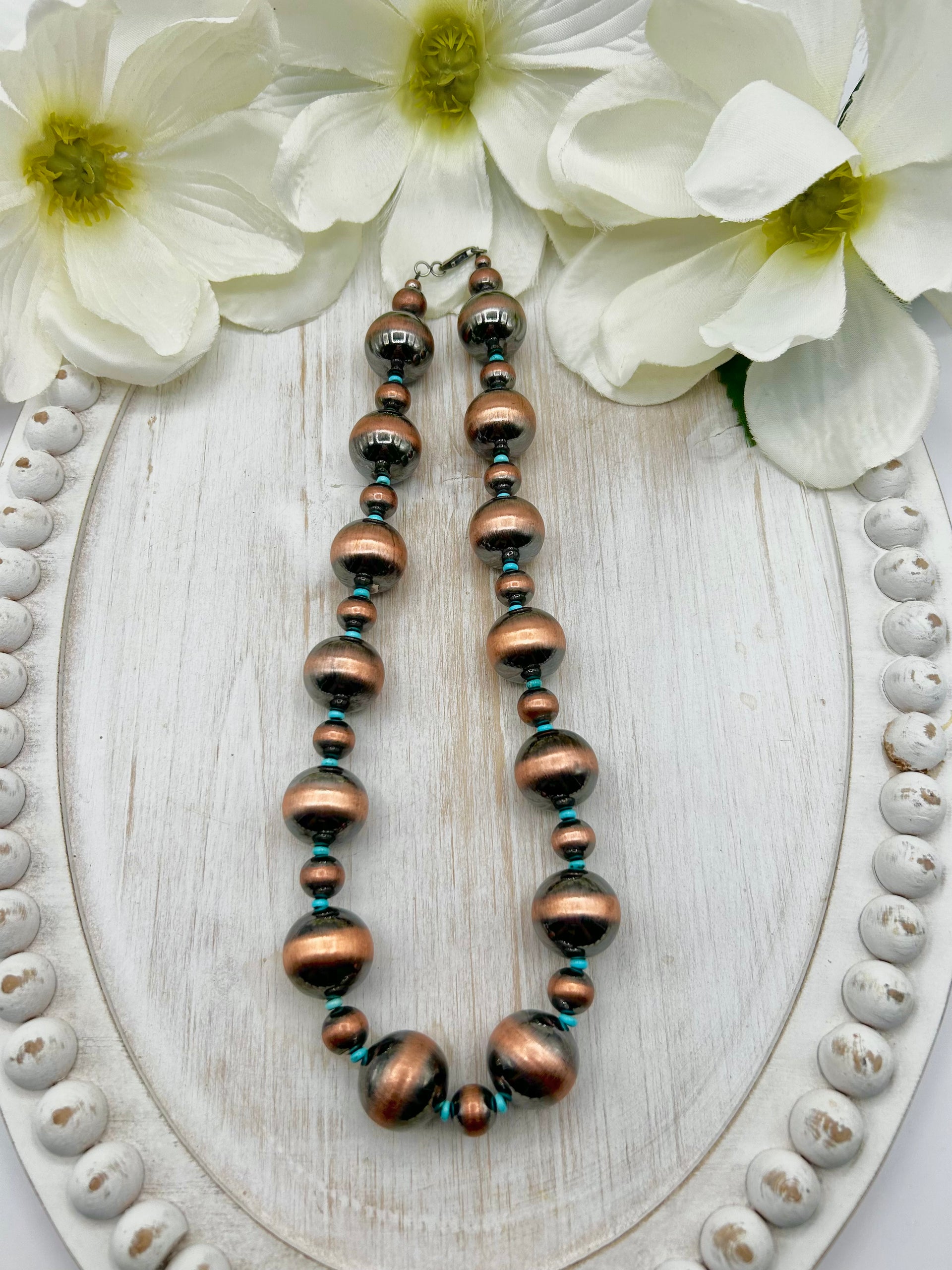 Navajo Made Strung Kingman Turquoise & Copper Necklace