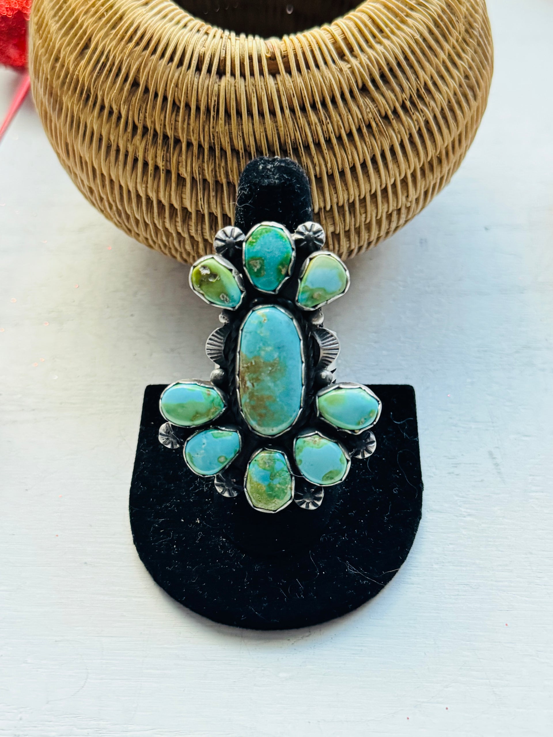 Scott Skeets Sonoran Mountain Turquoise &  Sterling Silver Cluster Ring Size 8.25