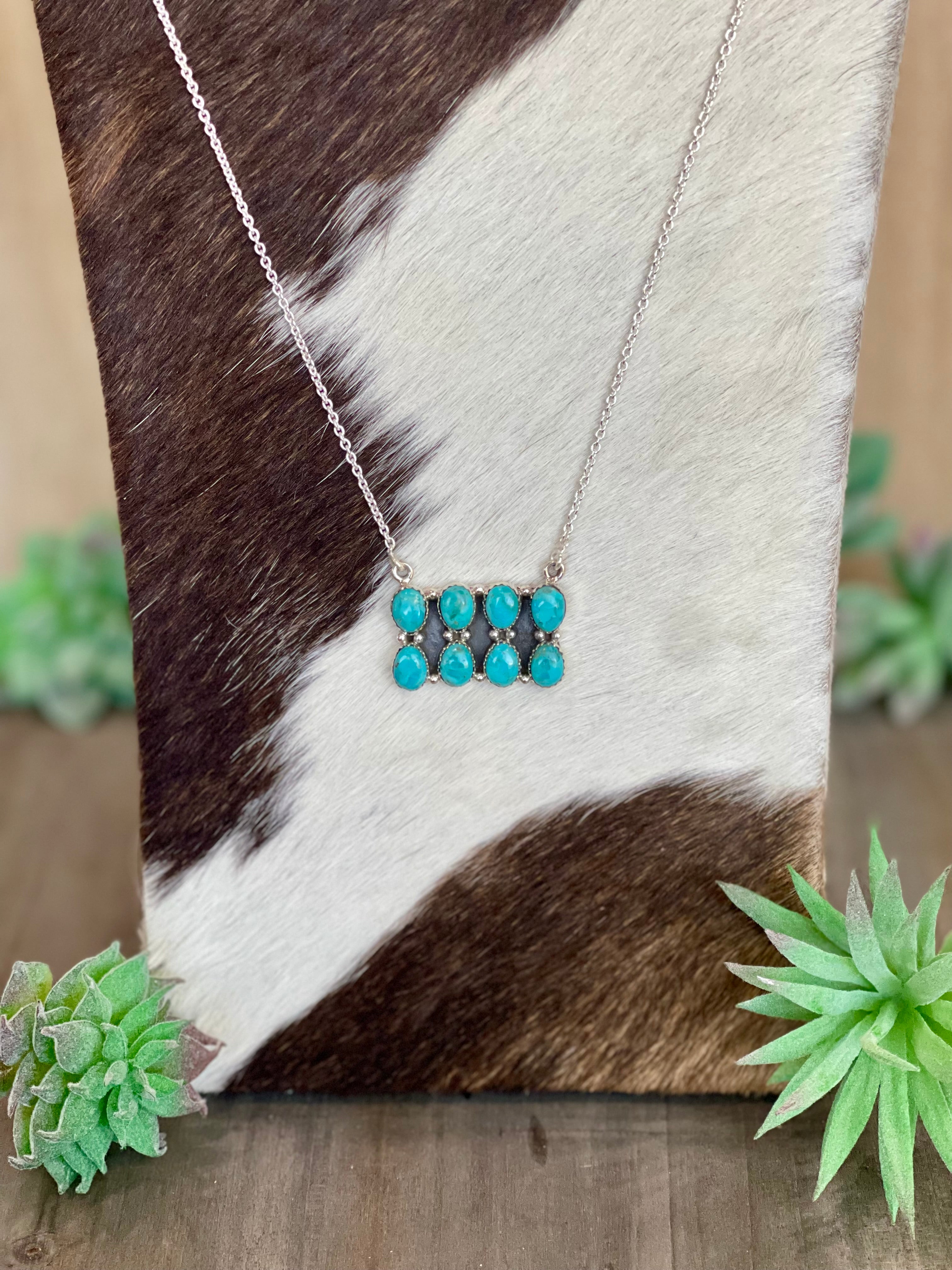 Southwest Handmade Kingman Turquoise & Sterling Silver Cluster Bar Necklace