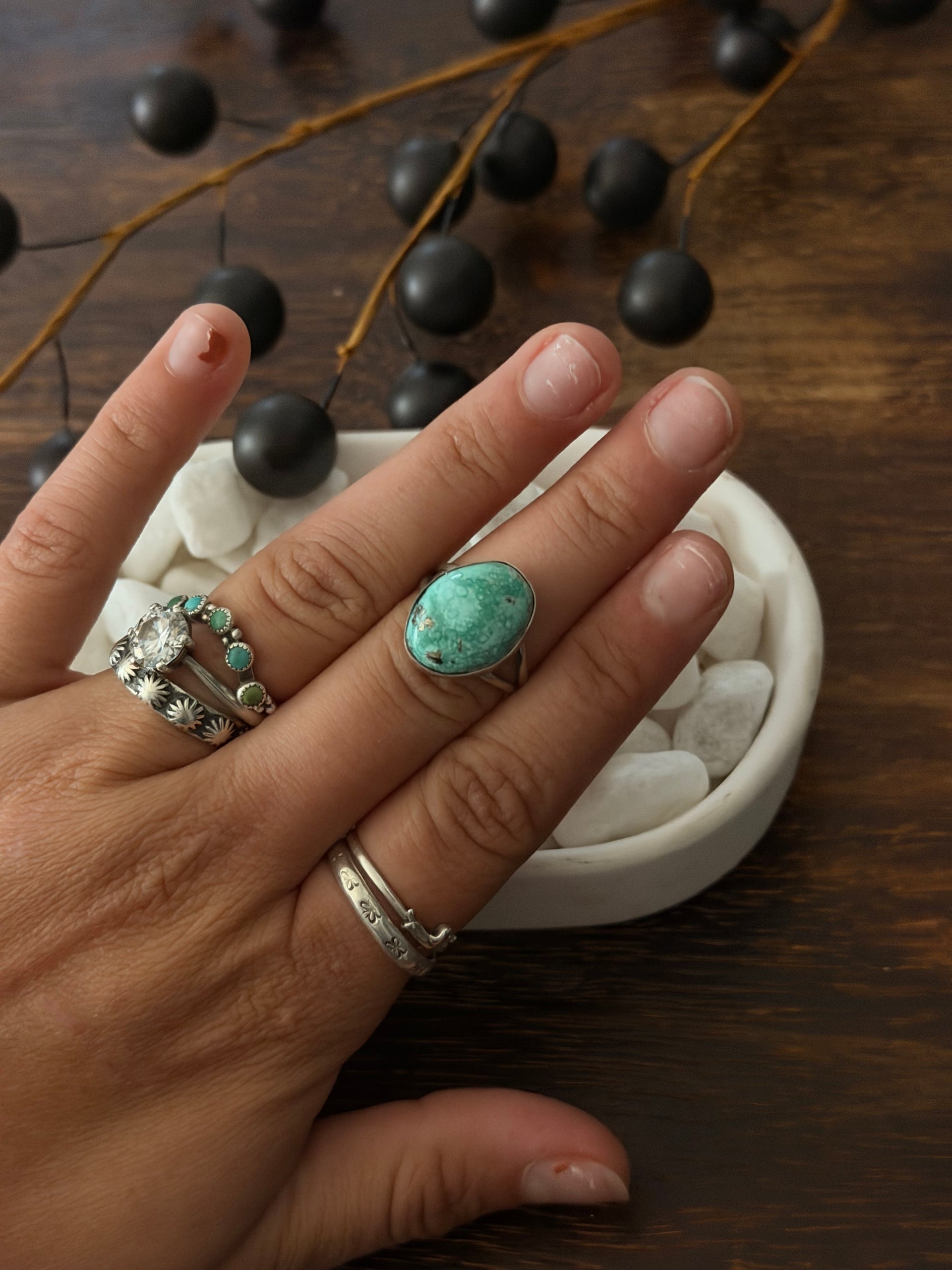 Navajo Made White Water Turquoise & Sterling Silver Ring Size 7