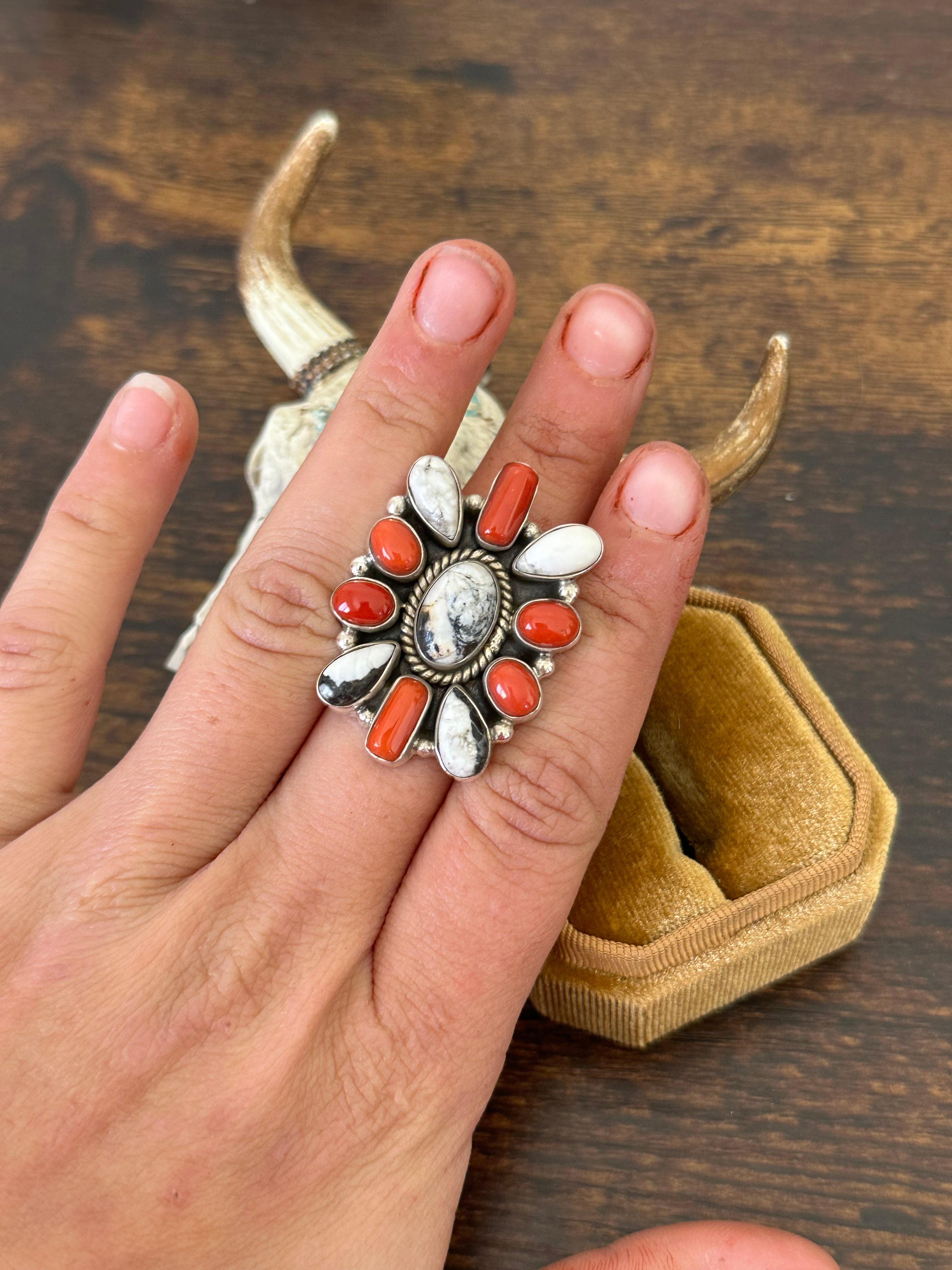 Southwest Handmade Multi Stone & Sterling Silver Cluster Adjustable Ring