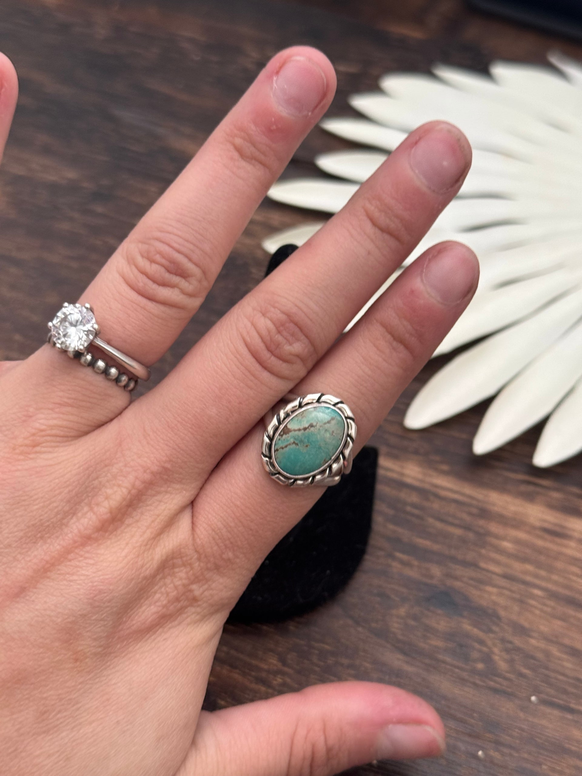 Navajo Made #8 Turquoise & Sterling Silver Ring Size 7.5