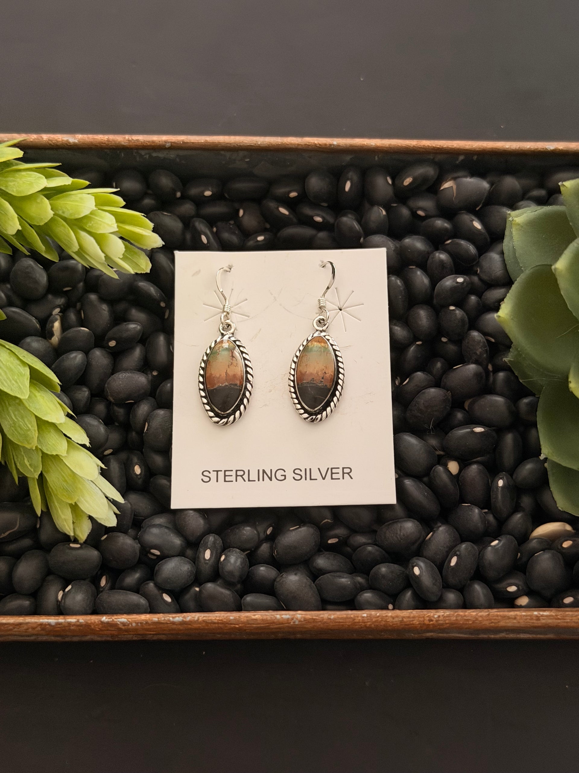 Navajo Made Black Jack Turquoise & Sterling Silver Dangle Earrings
