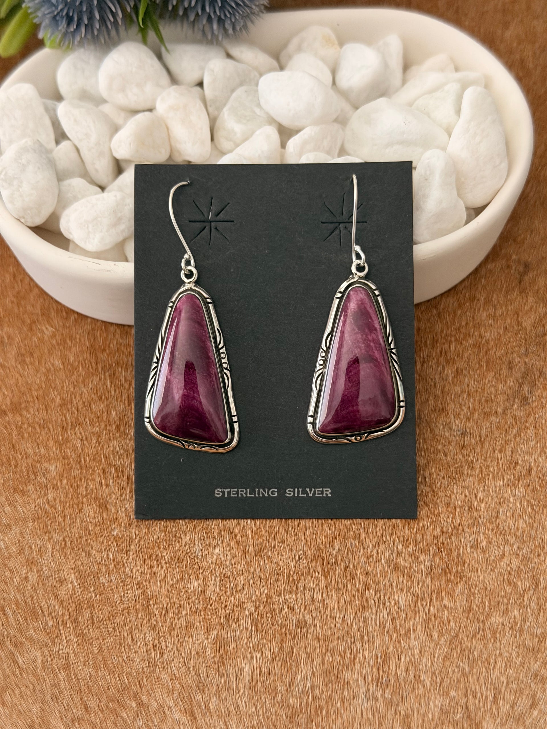 Navajo Made Purple Spiny Oyster & Sterling Silver Dangle Earrings