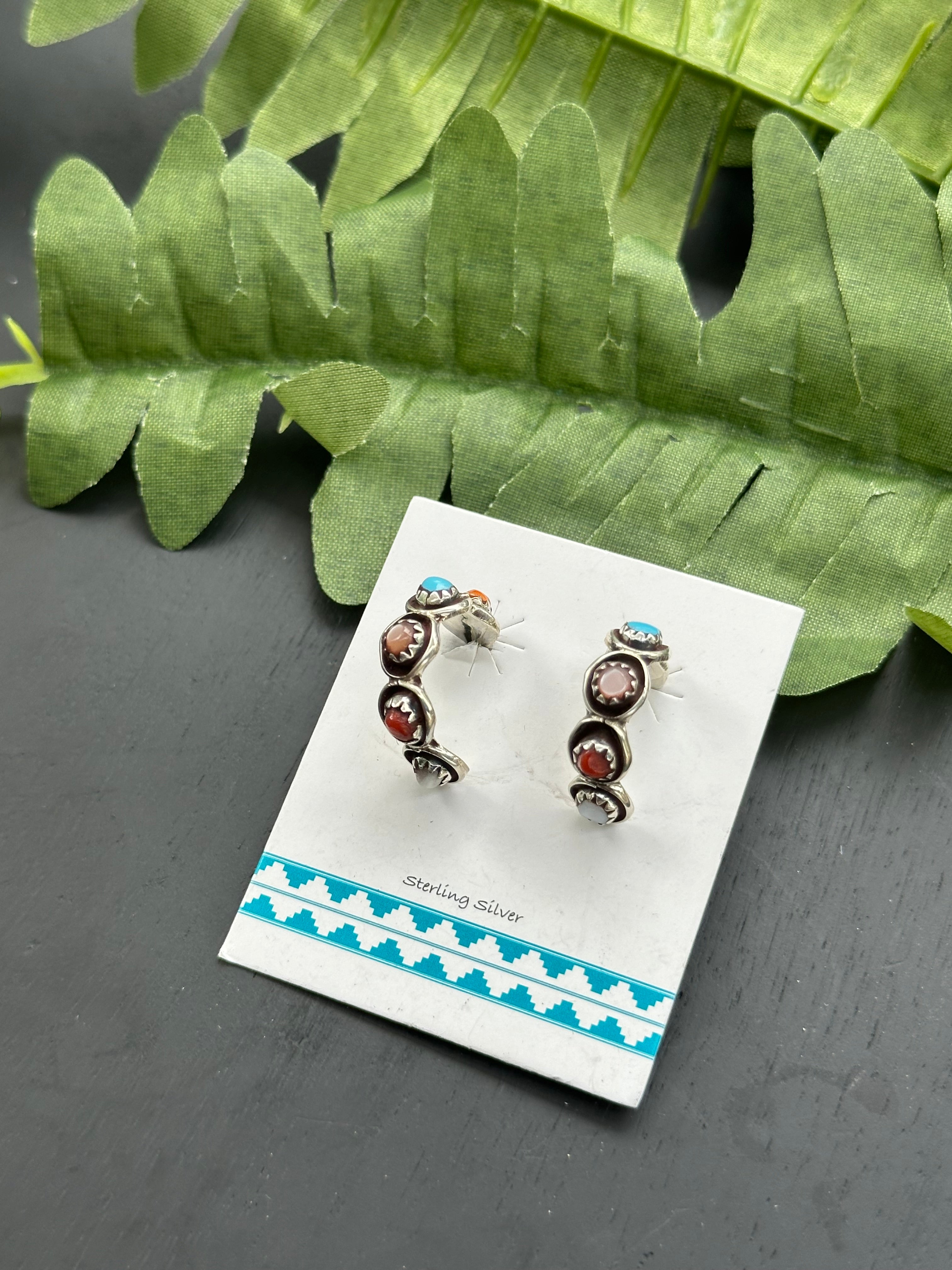 Navajo Made Multi Stone & Sterling Silver Post Earrings