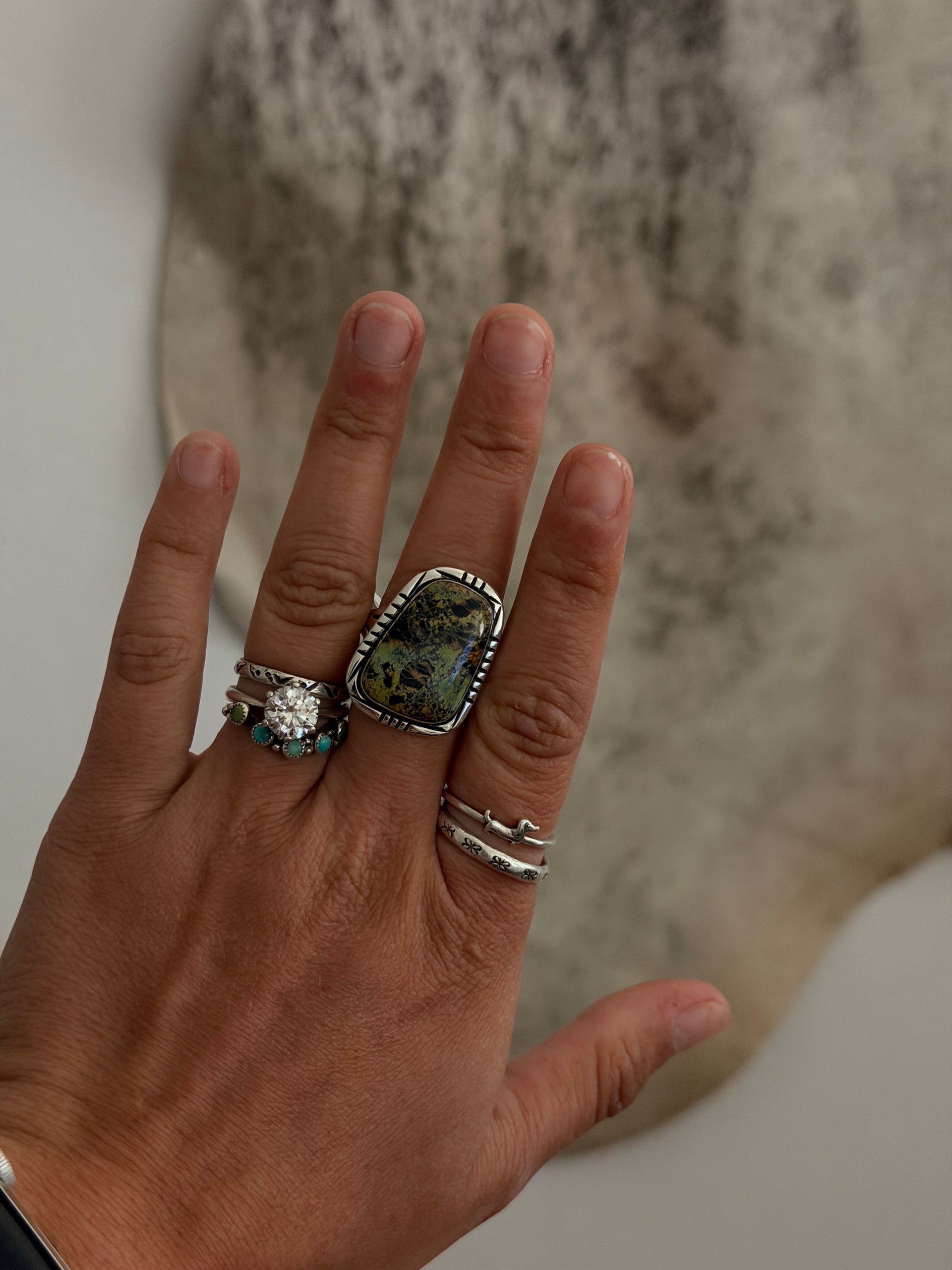 Navajo Made Black Jack Turquoise & Sterling Silver Ring Size 10.5
