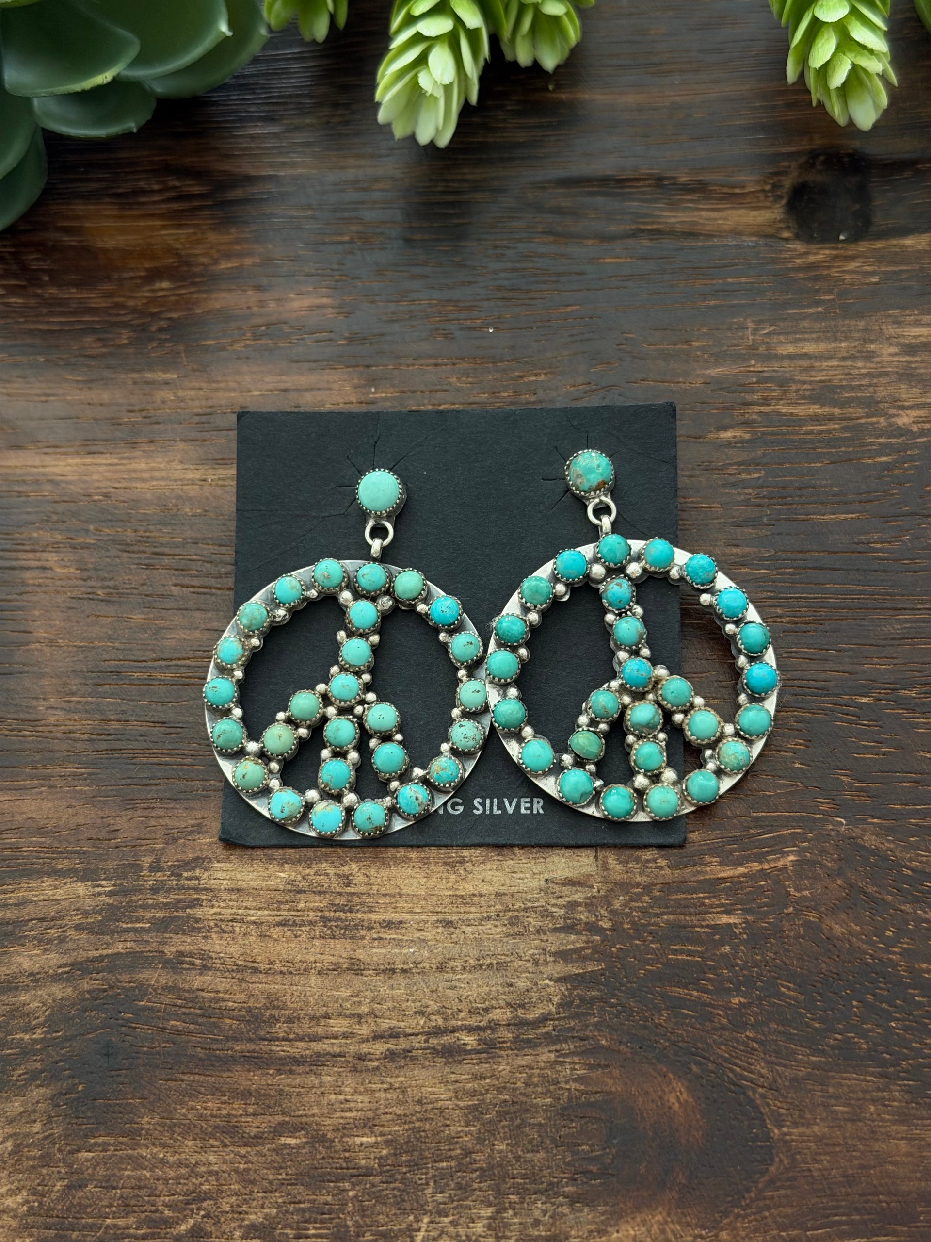 Navajo Made Kingman Turquoise & Sterling Silver Post Dangle Peace Sign Cluster Earrings