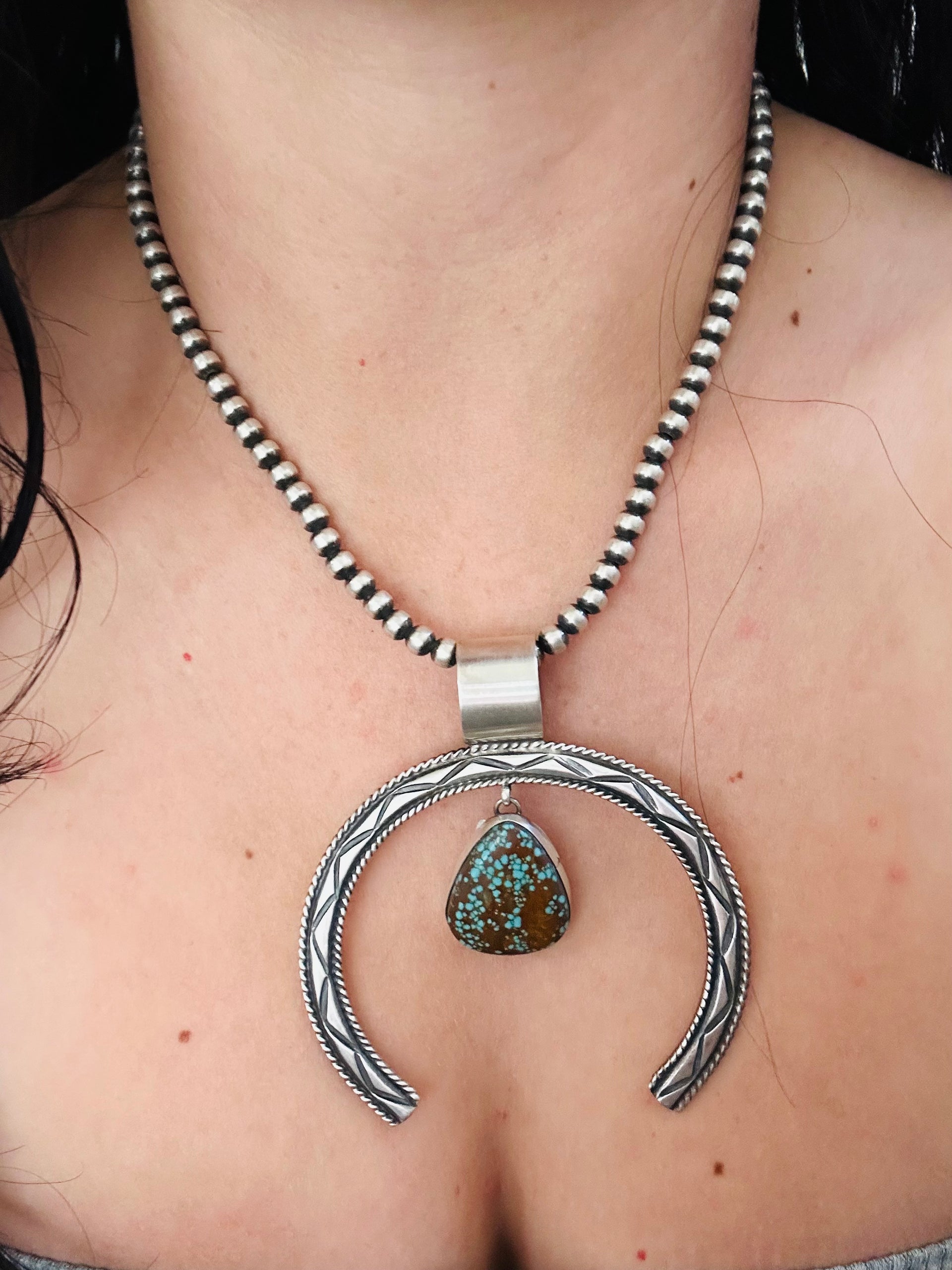 Navajo Made Pilot Mountain Turquoise & Sterling Silver Naja Pendant