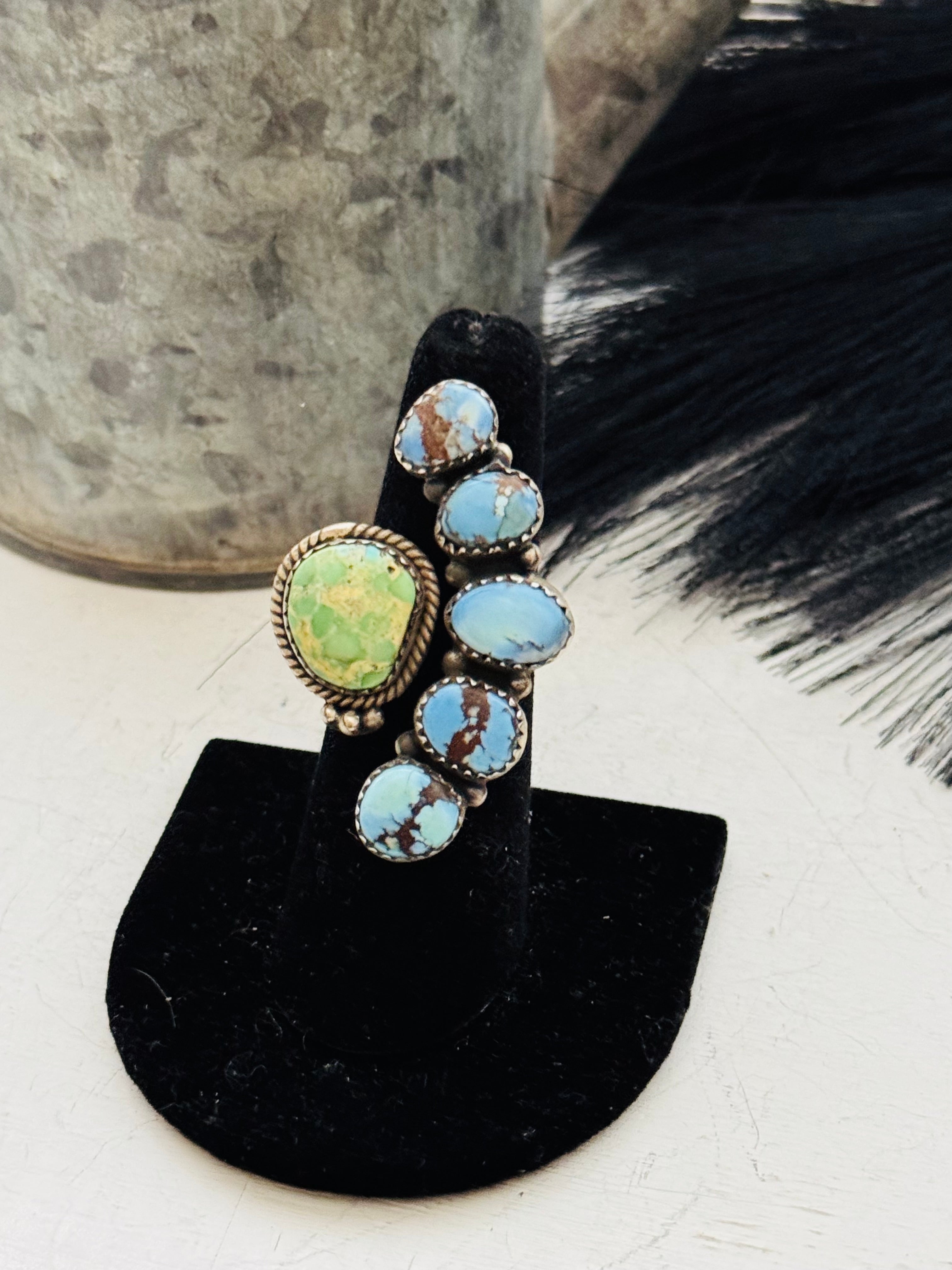 Southwest Handmade Multi Stone & Sterling Silver Adjustable Cluster Ring