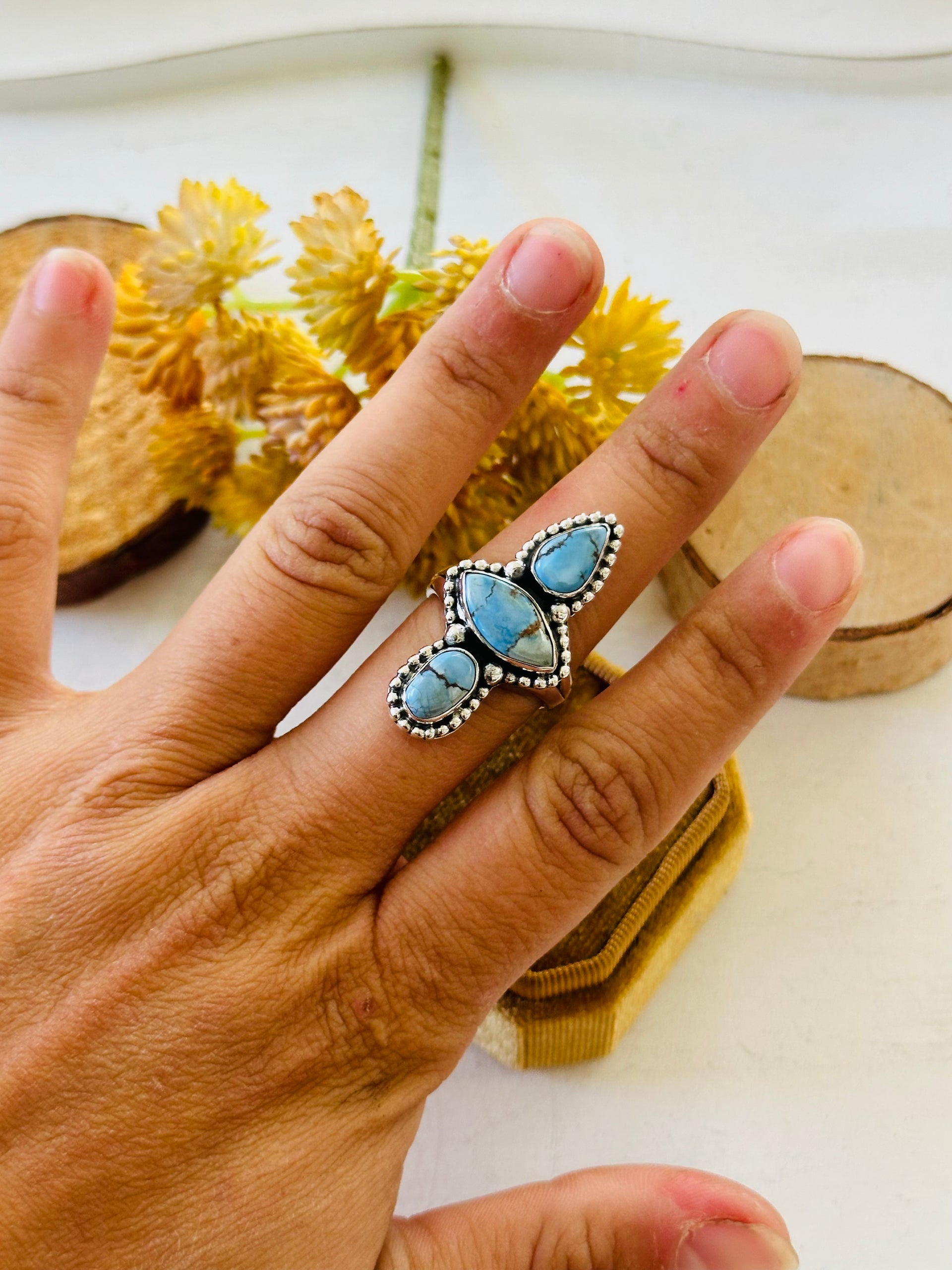 Southwest Handmade Golden Hills Turquoise & Sterling Silver Ring Size 8