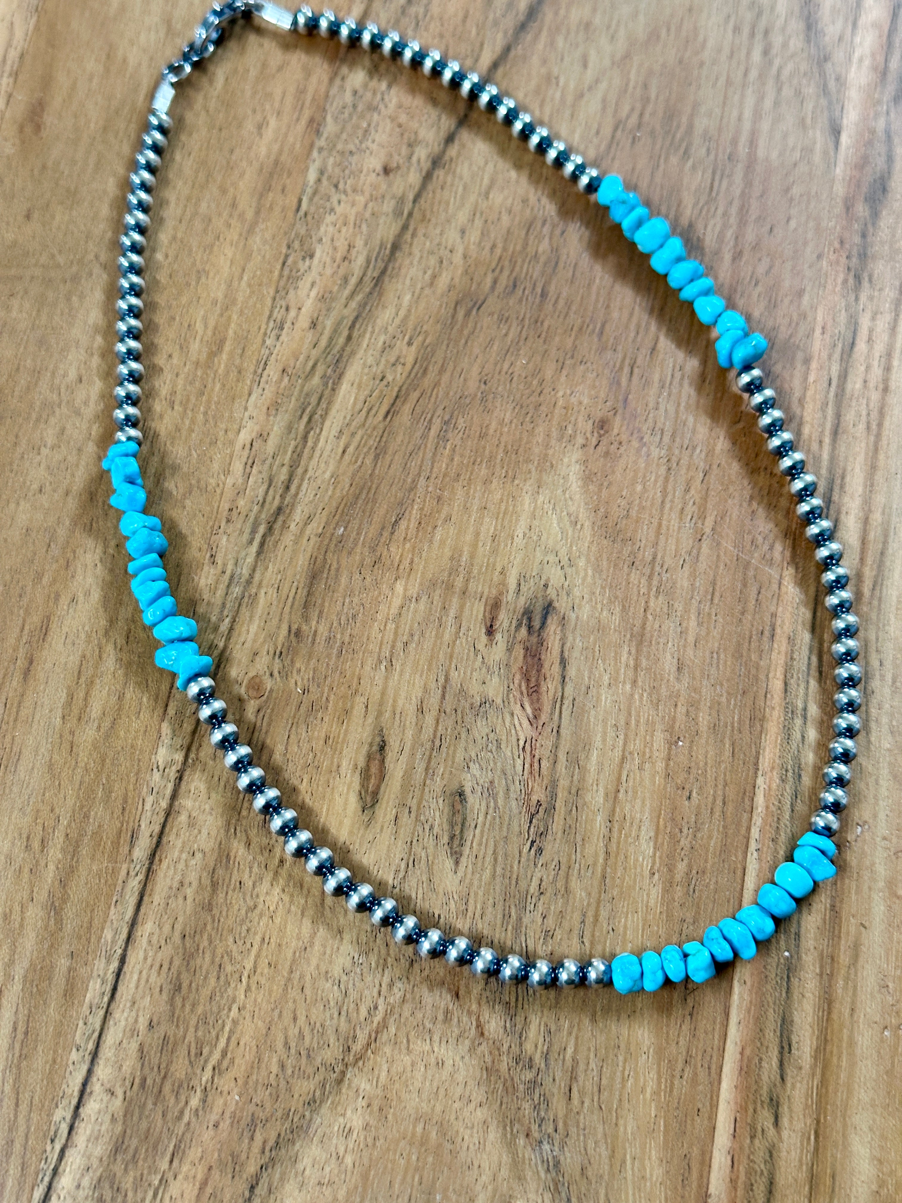 Navajo Strung Kingman Turquoise & Sterling Silver 4MM Beaded Pearl Necklace