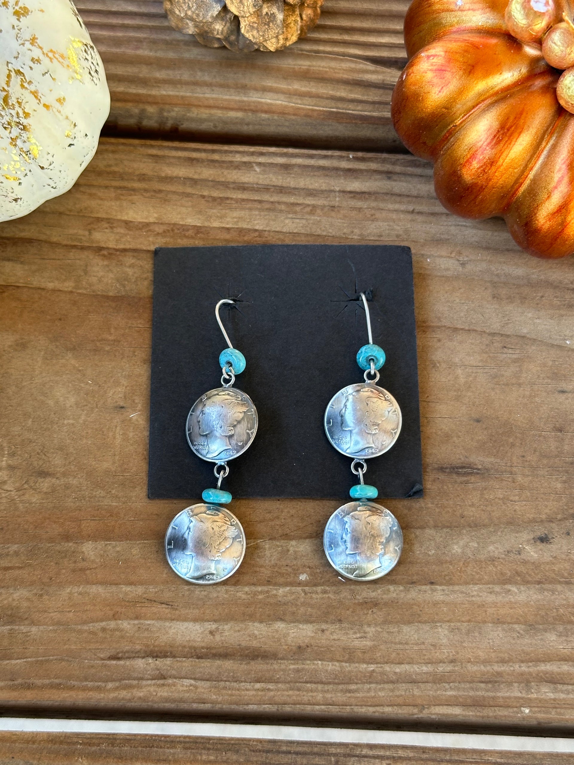 Navajo Made Kingman Turquoise & Sterling Silver Dime Dangle Earrings