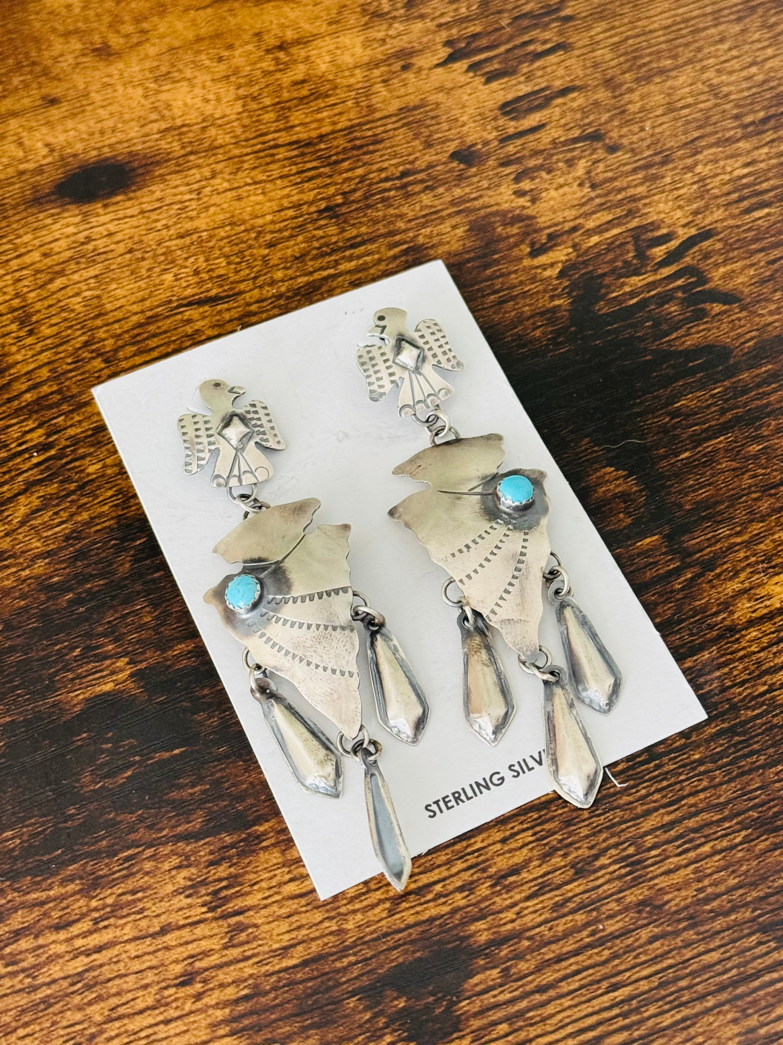 Tim Yazzie Kingman Turquoise & Sterling Silver Post Dangle Thunderbird Earrings