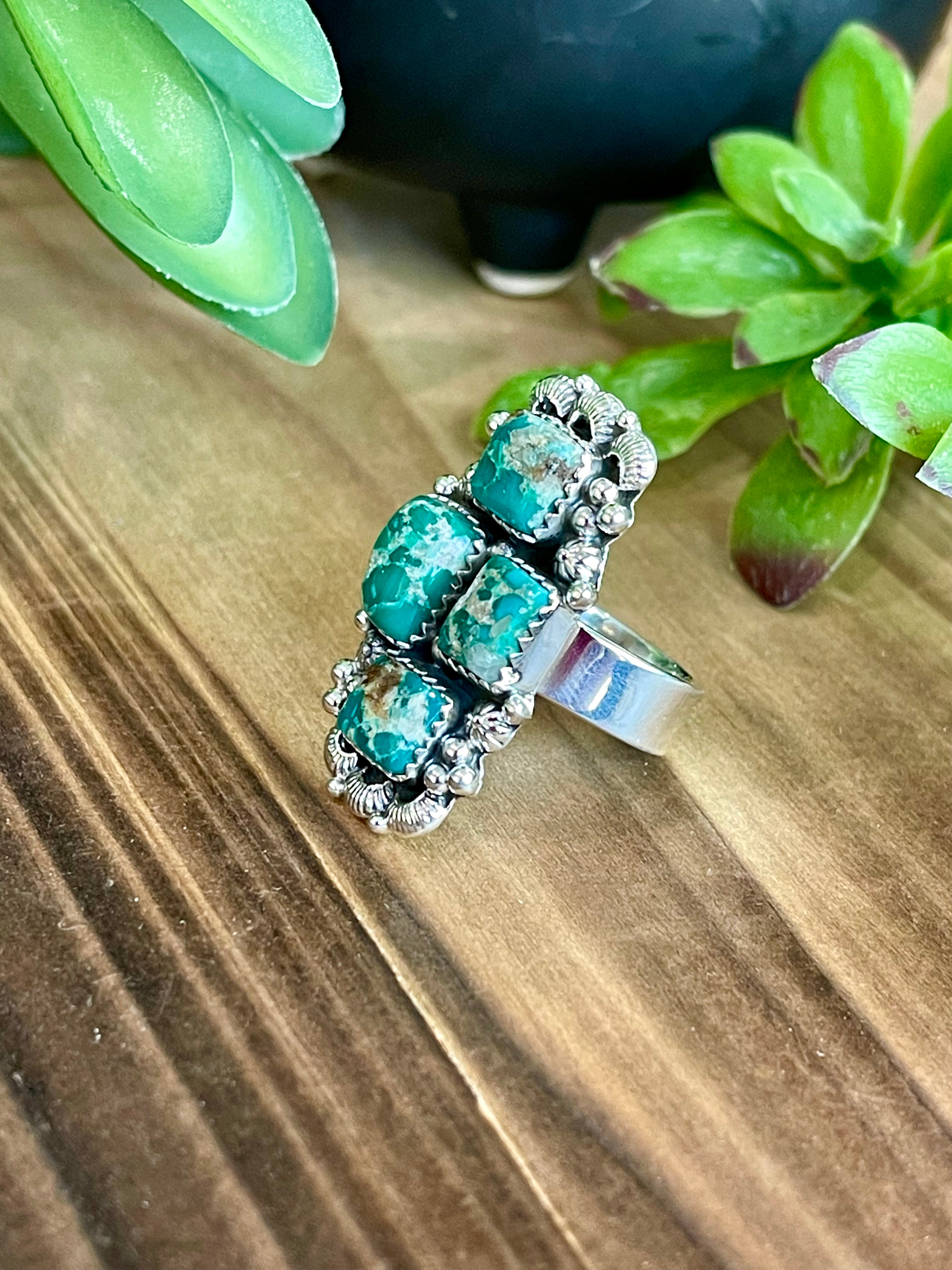 Southwest Handmade Emerald Valley Turquoise & Sterling Silver Adjustable Cluster Ring